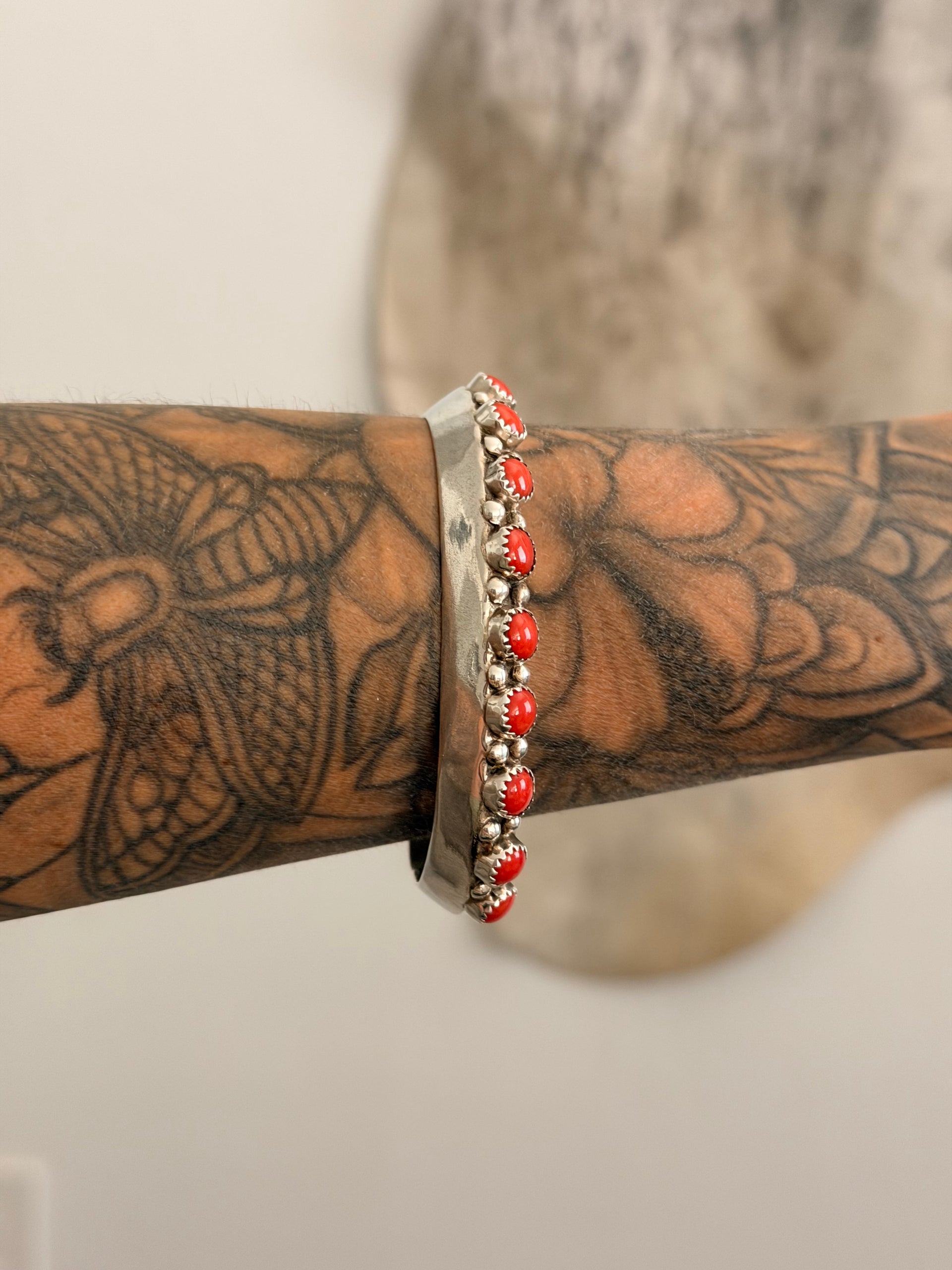 Navajo Made Red Coral & Sterling Silver Cuff Bracelet