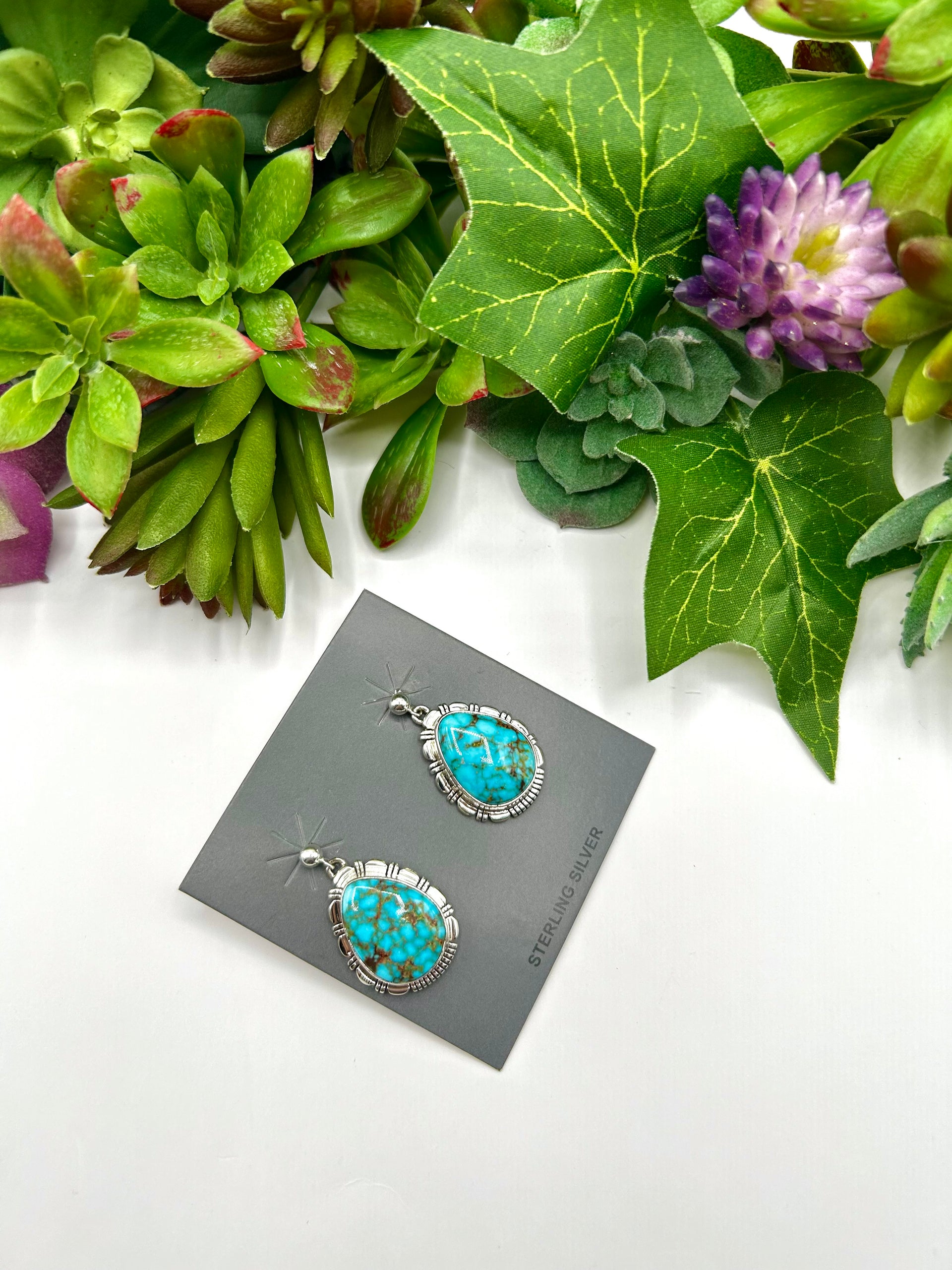 Navajo Made Highgrade Kingman Turquoise & Sterling Silver Post  Dangle Earrings