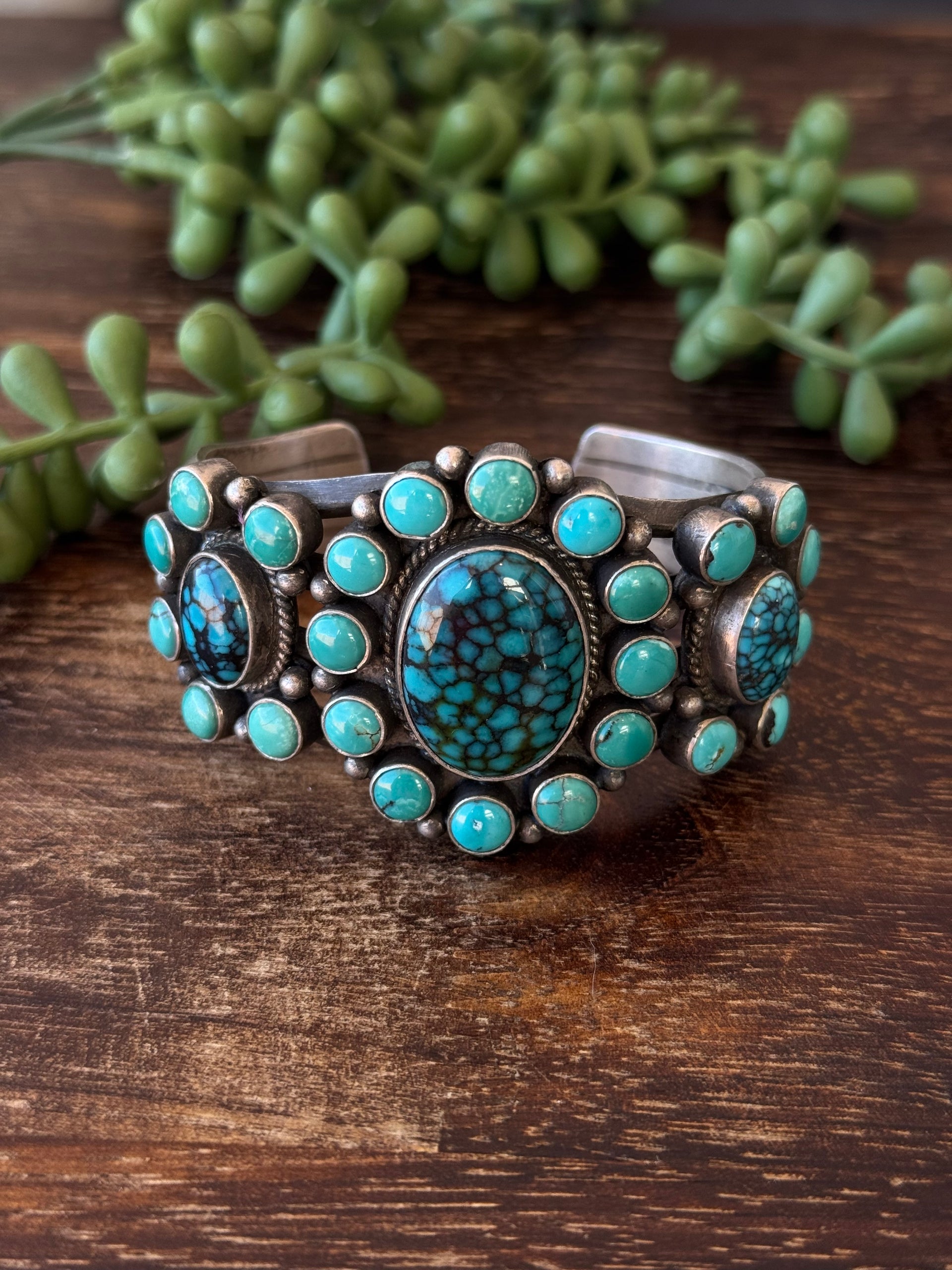 Vintage Navajo Made Mixed Turquoise Sterling Silver Cluster Cuff Bracelet