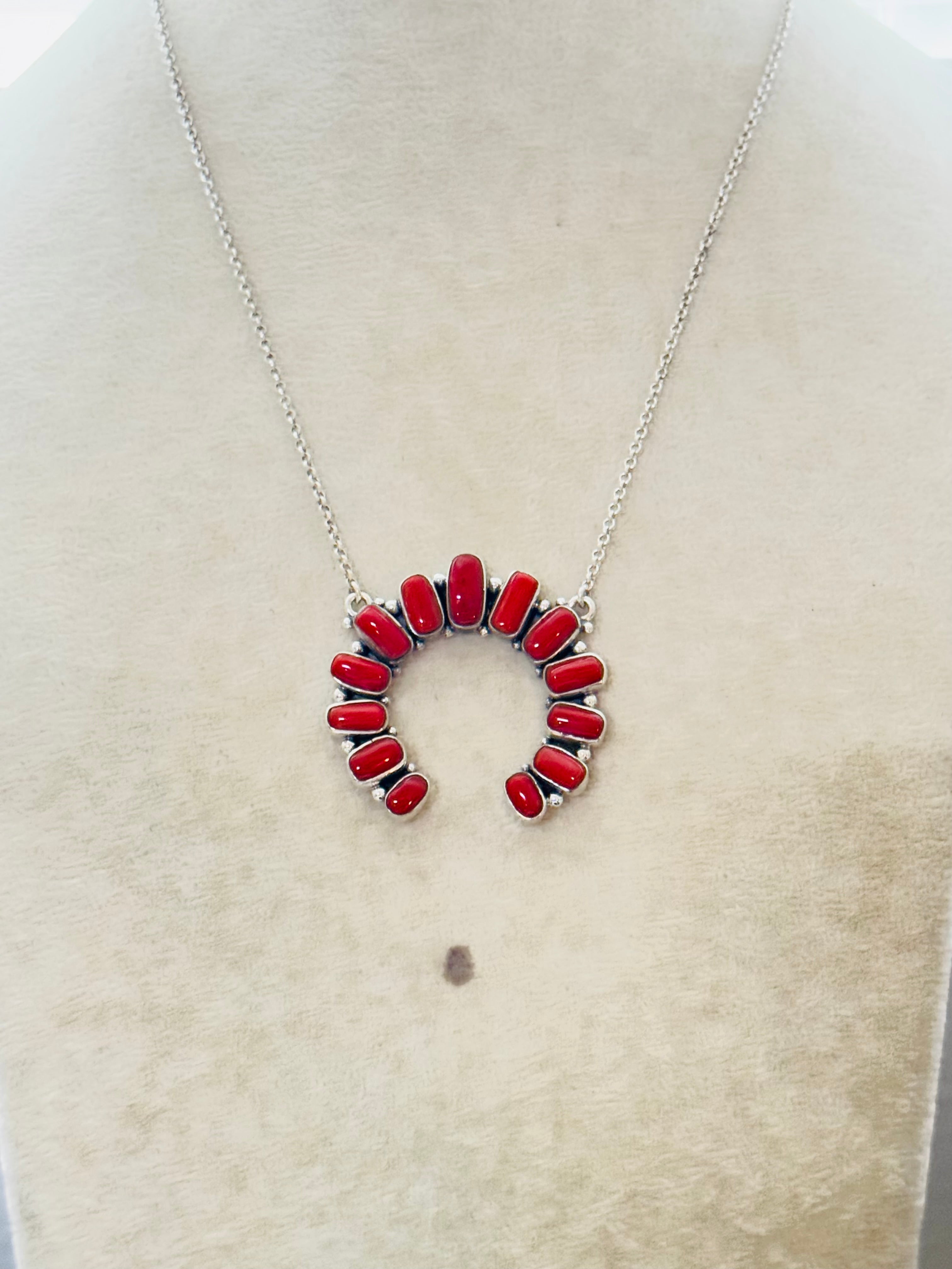 Southwest Handmade Coral & Sterling Silver Naja Necklace