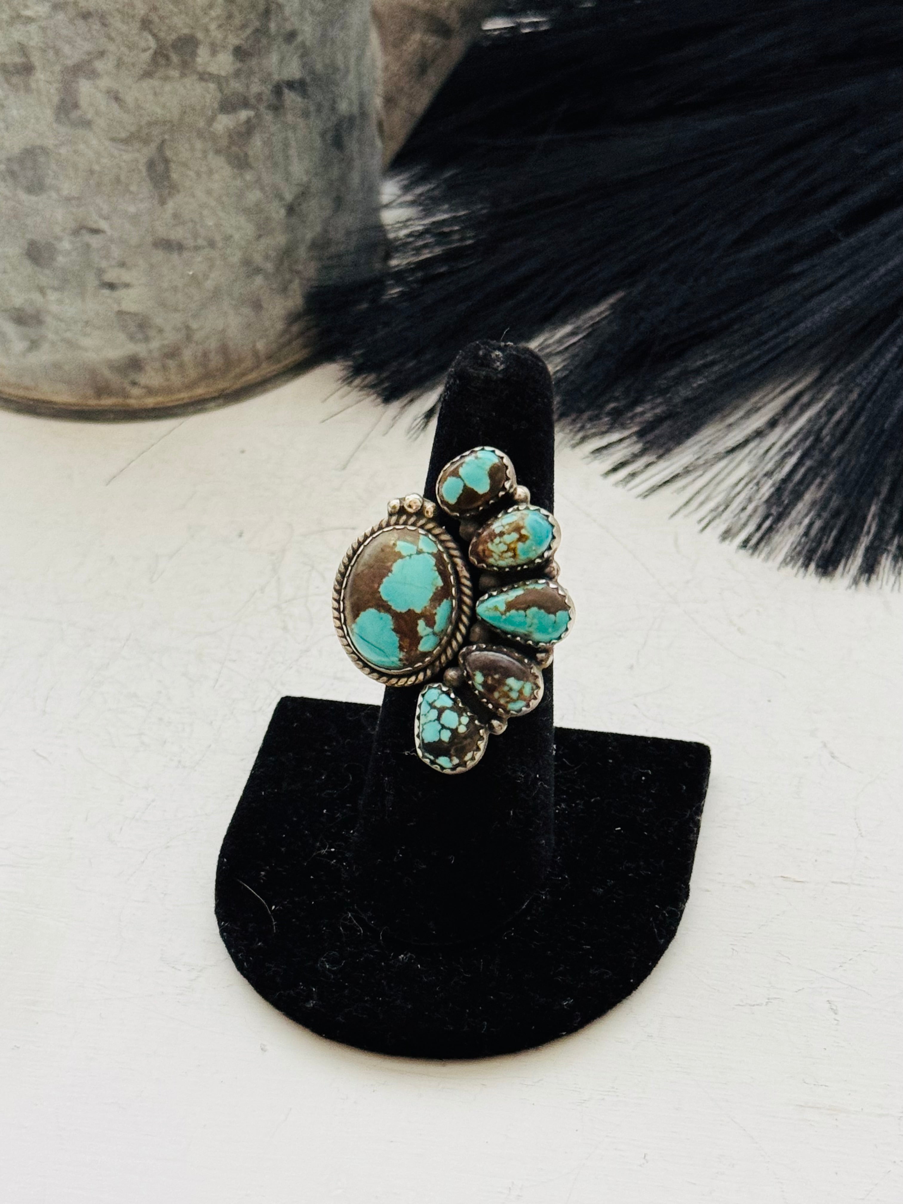 Southwest Handmade #8 Turquoise & Sterling Silver Adjustable Cluster Ring