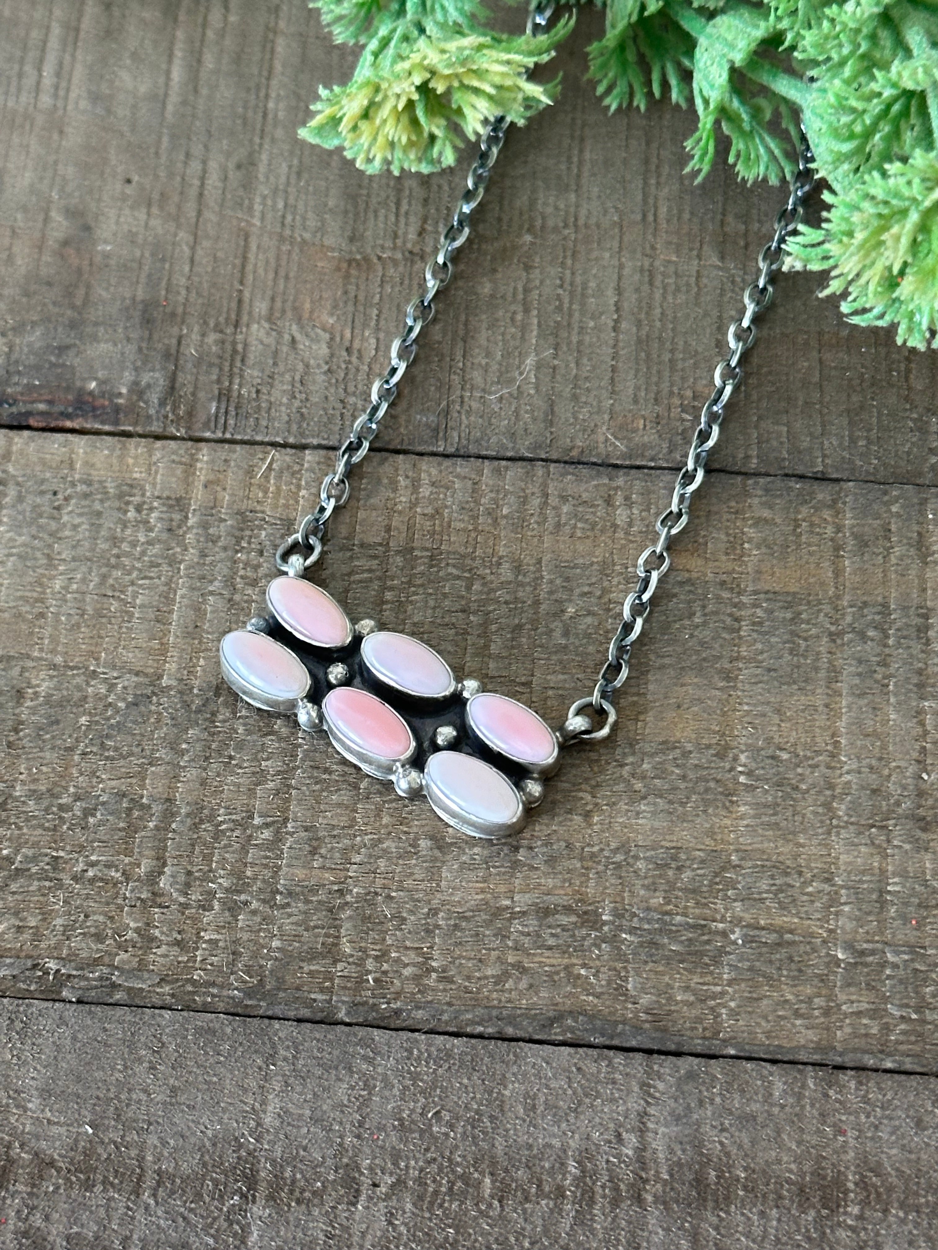 Jon Begay Pink Conch & Sterling Silver Bar Cluster Necklace