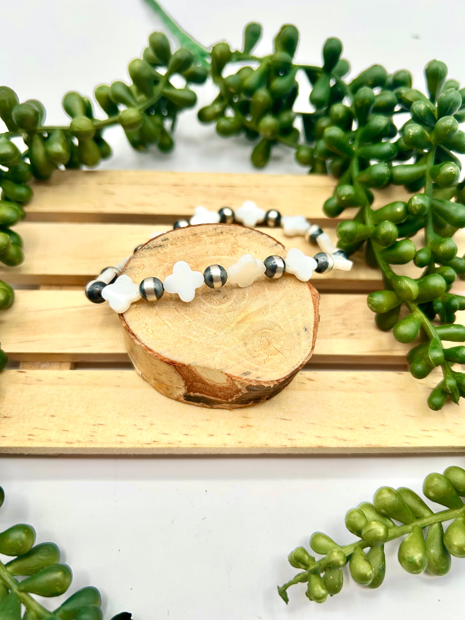 Navajo Made Mother of Pearl & Sterling Silver Strung Stretchy Bracelet