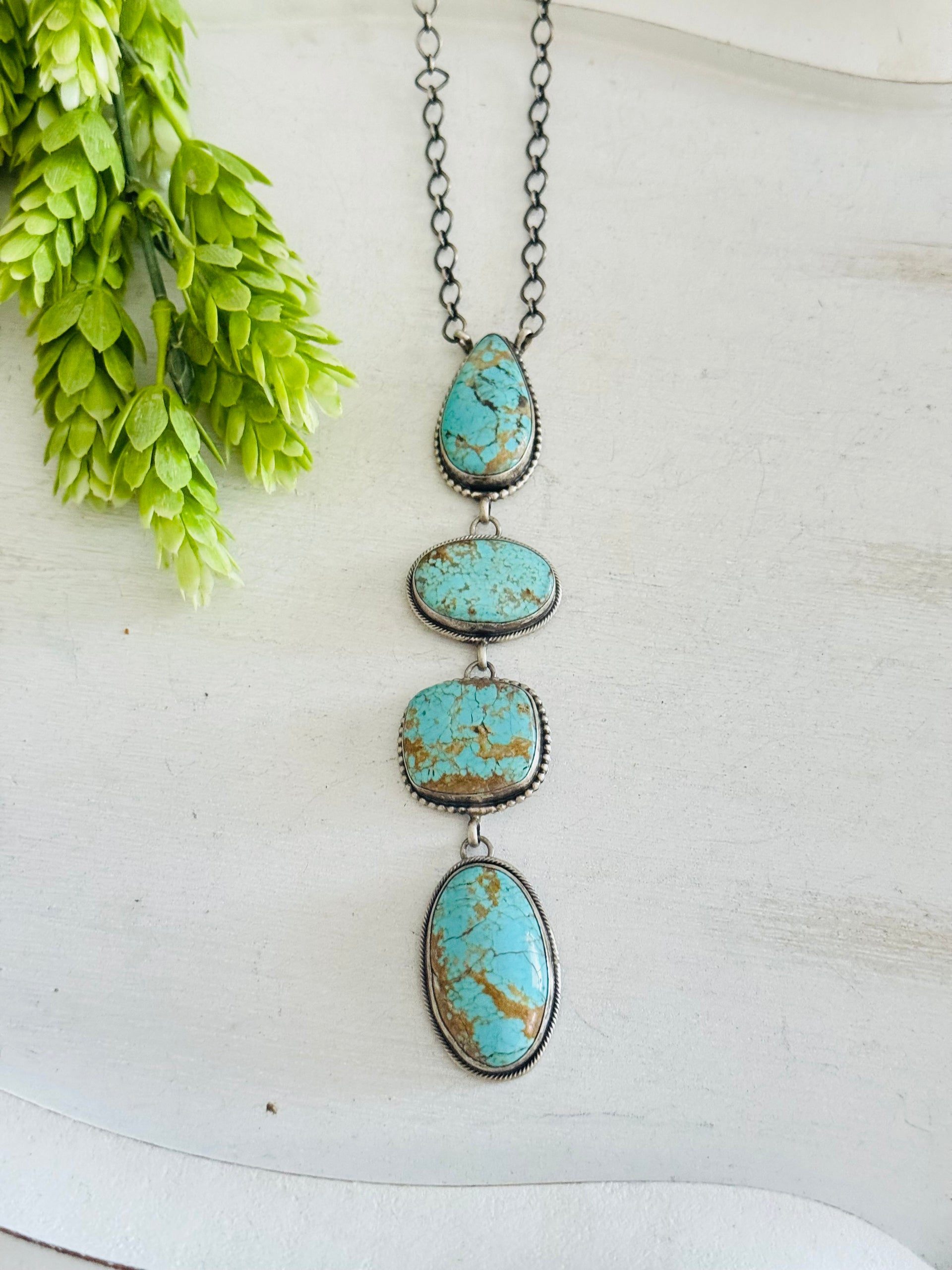 Navajo Made Mine 8 Turquoise & Sterling Silver Lariat Necklace