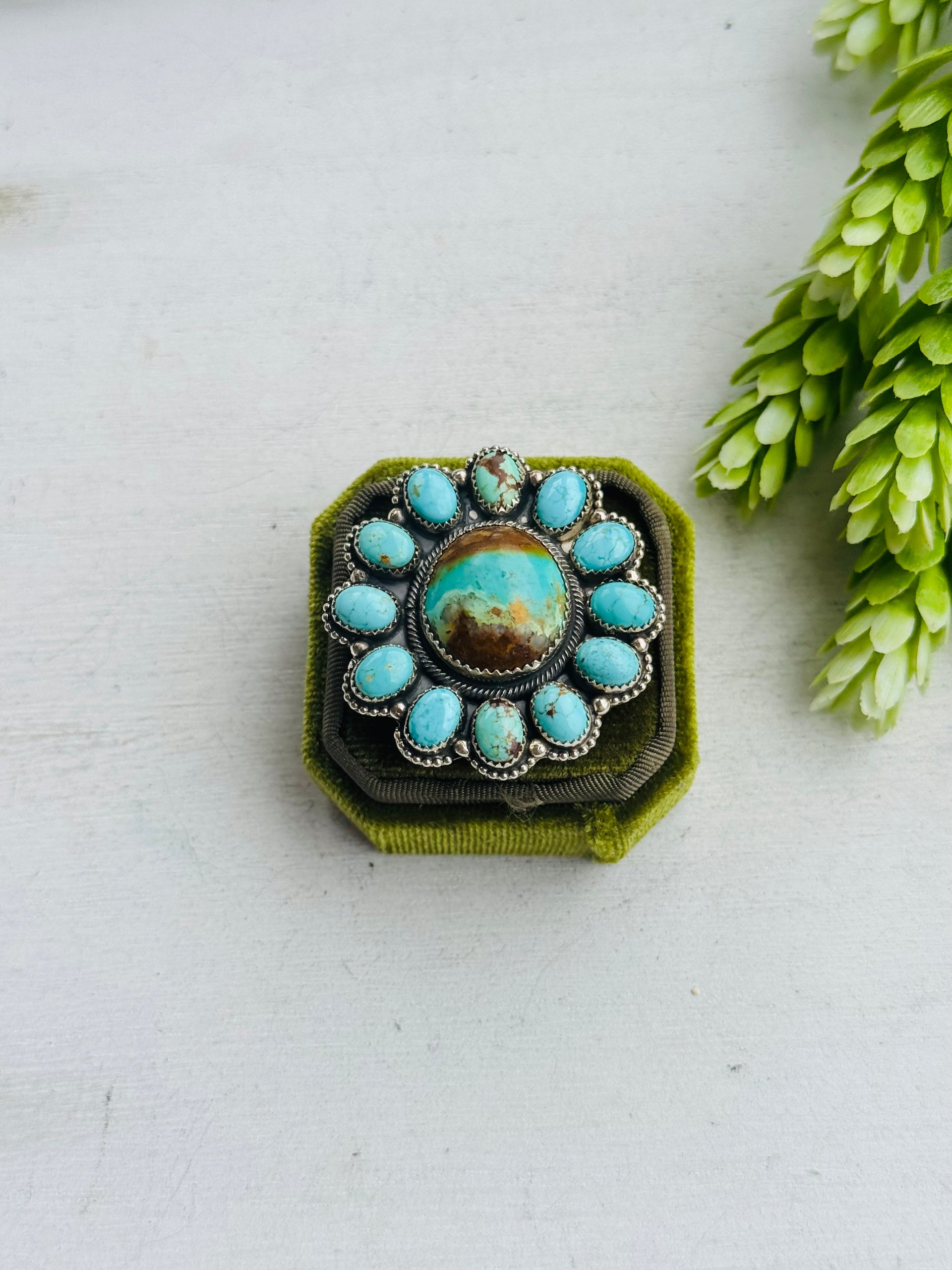 Navajo Made Royston Turquoise & Sterling Silver Cluster Ring Size 10.5