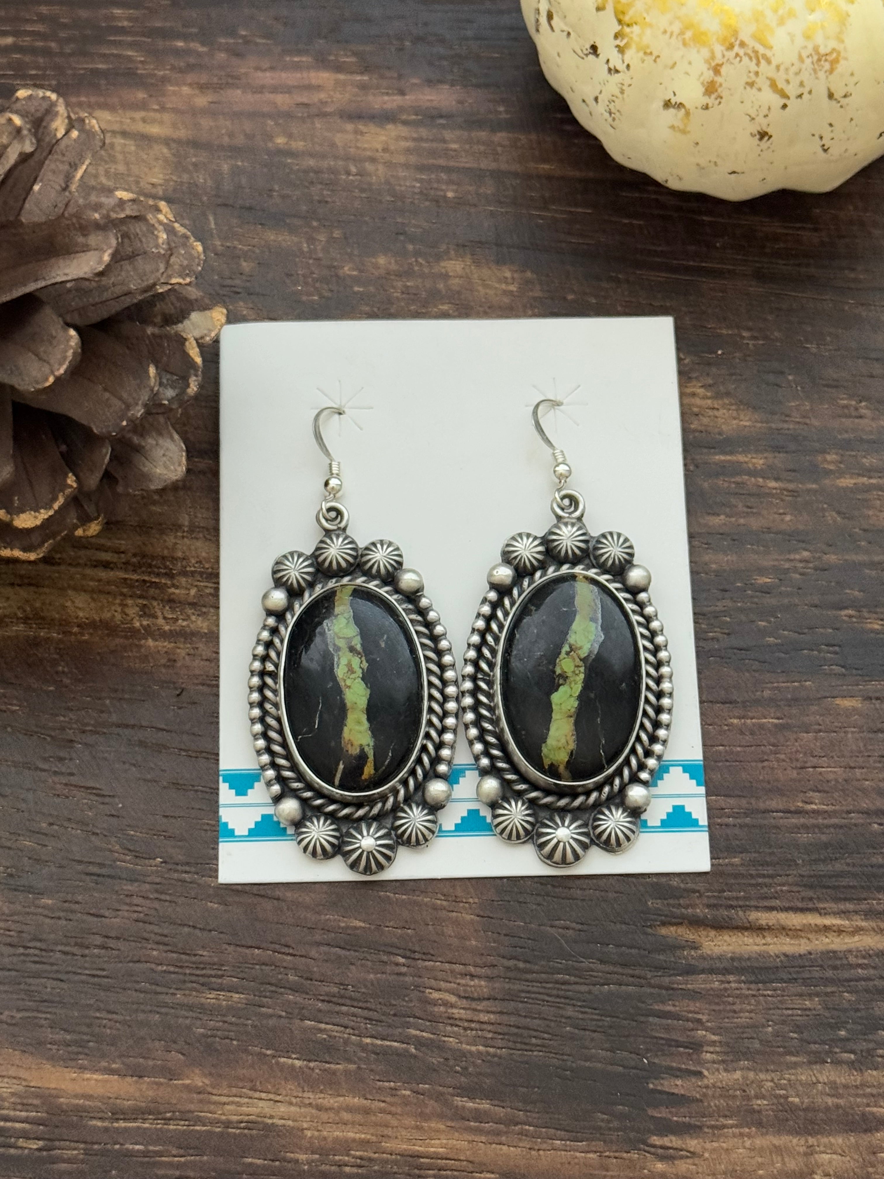 Martha Cayatineto Made Black Jack Turquoise & Sterling Silver Dangle Earrings