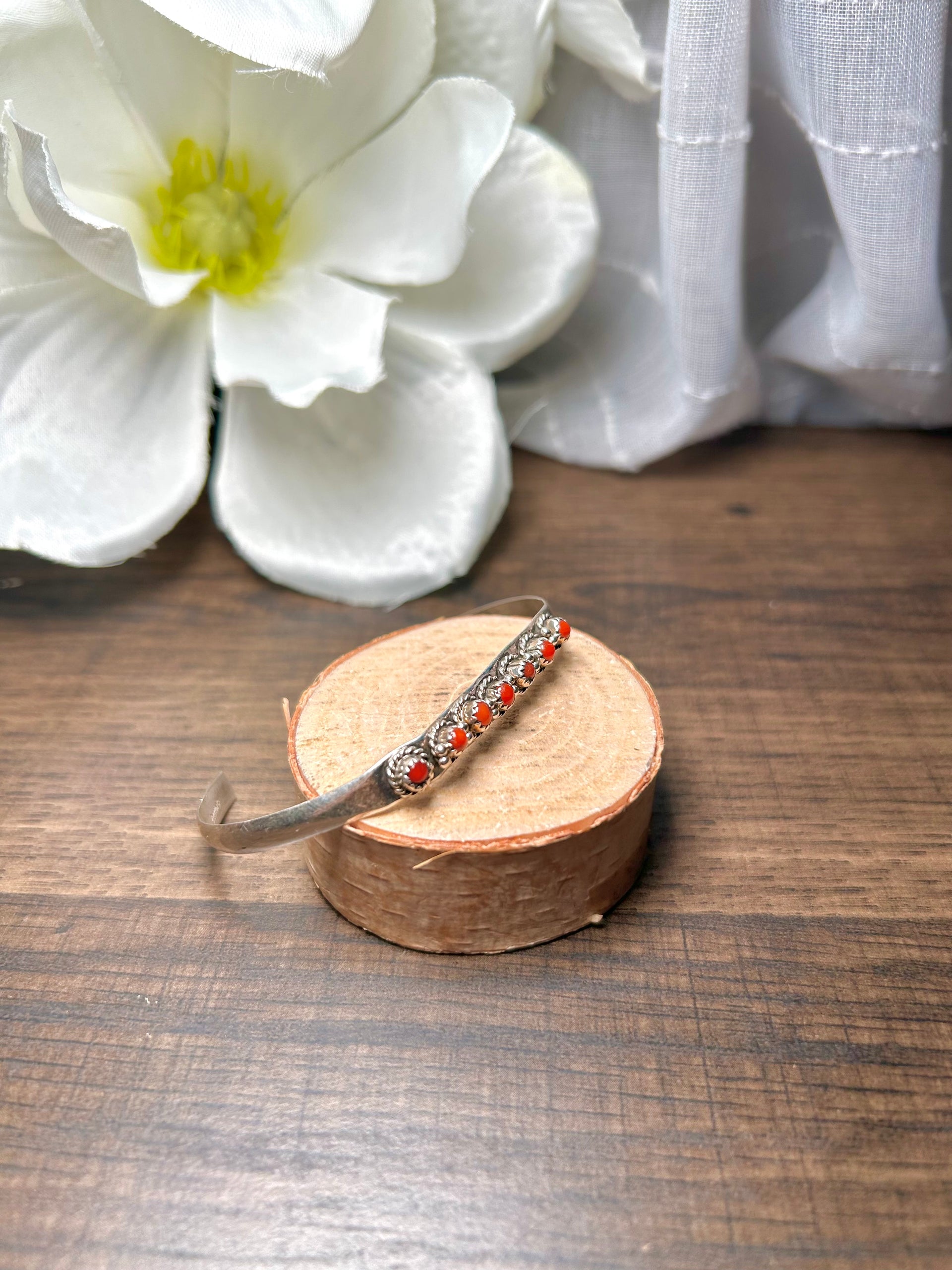 Navajo Made Coral & Sterling Silver Cuff Bracelet