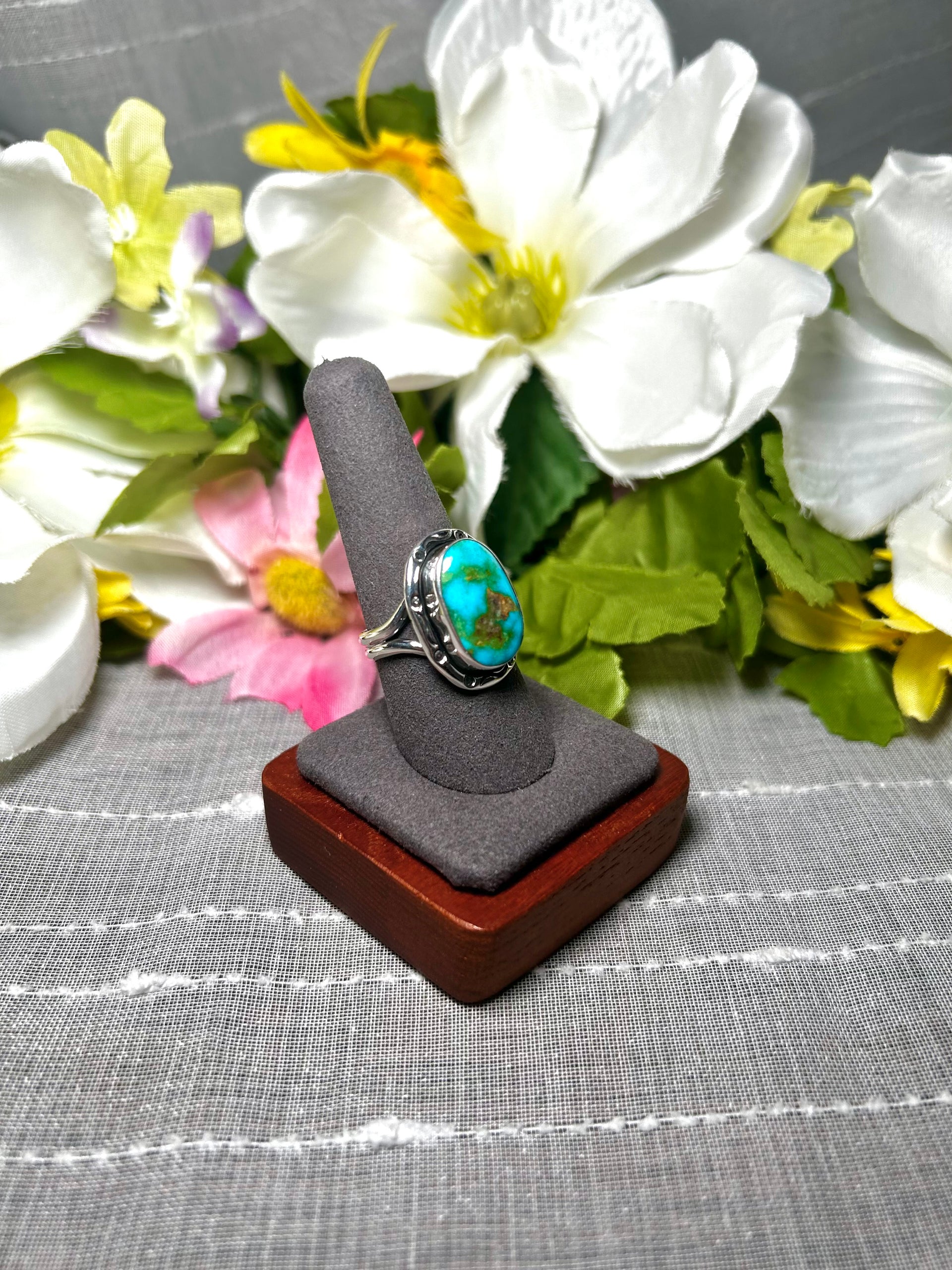 Navajo Made Natural Sonoran Mountain Turquoise & Sterling Silver Ring Size 9.25