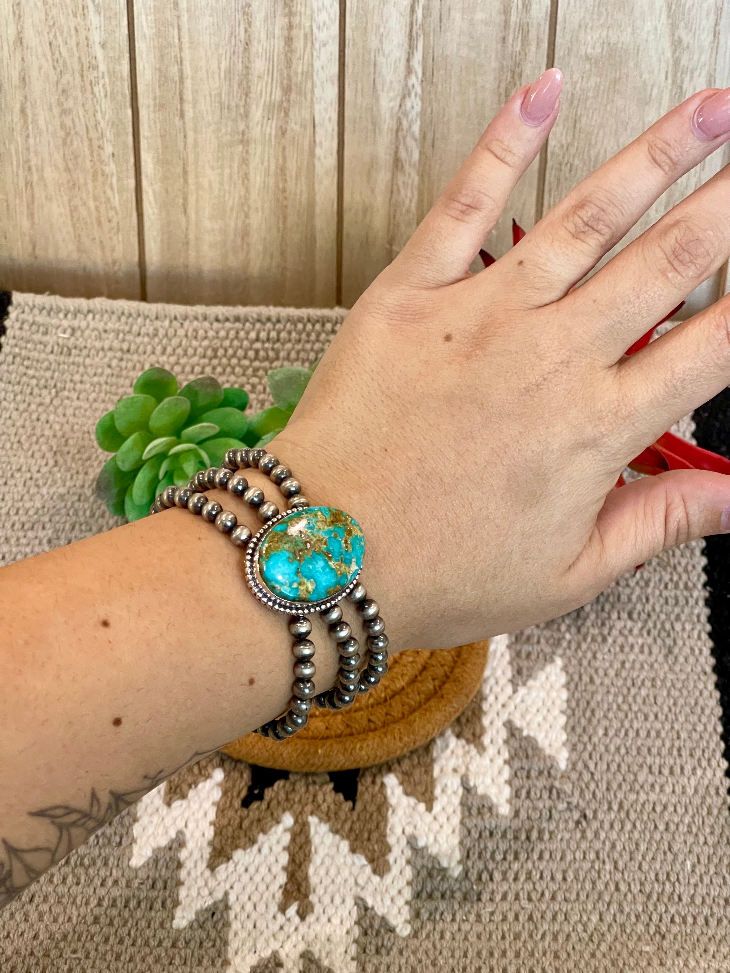 Southwest Handmade Sonoran Mountain Turquoise & Sterling Silver 3 Strand Beaded Stretch Bracelet