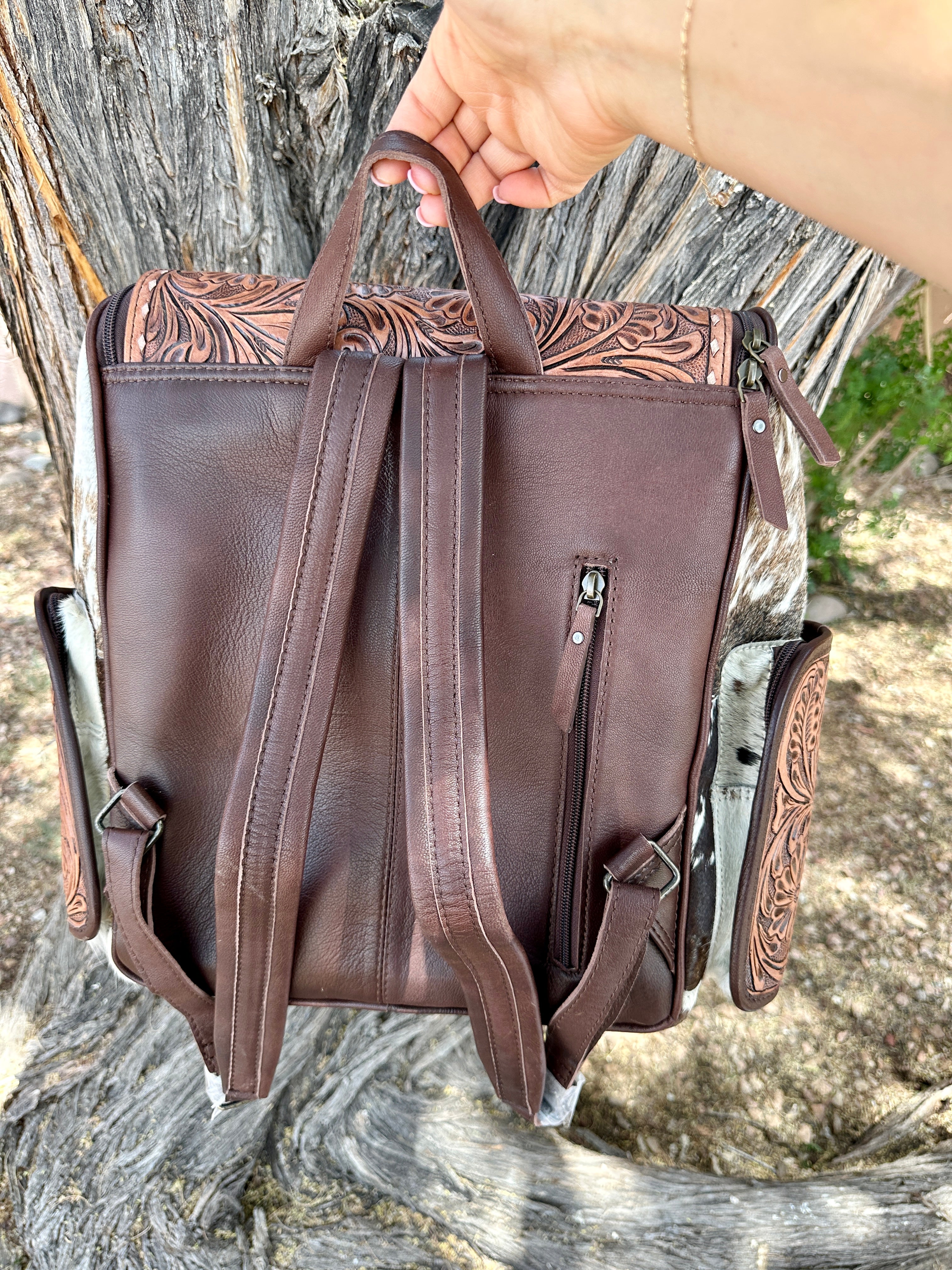 Genuine Tooled Leather Cowhide Back Pack/Diaper Bag