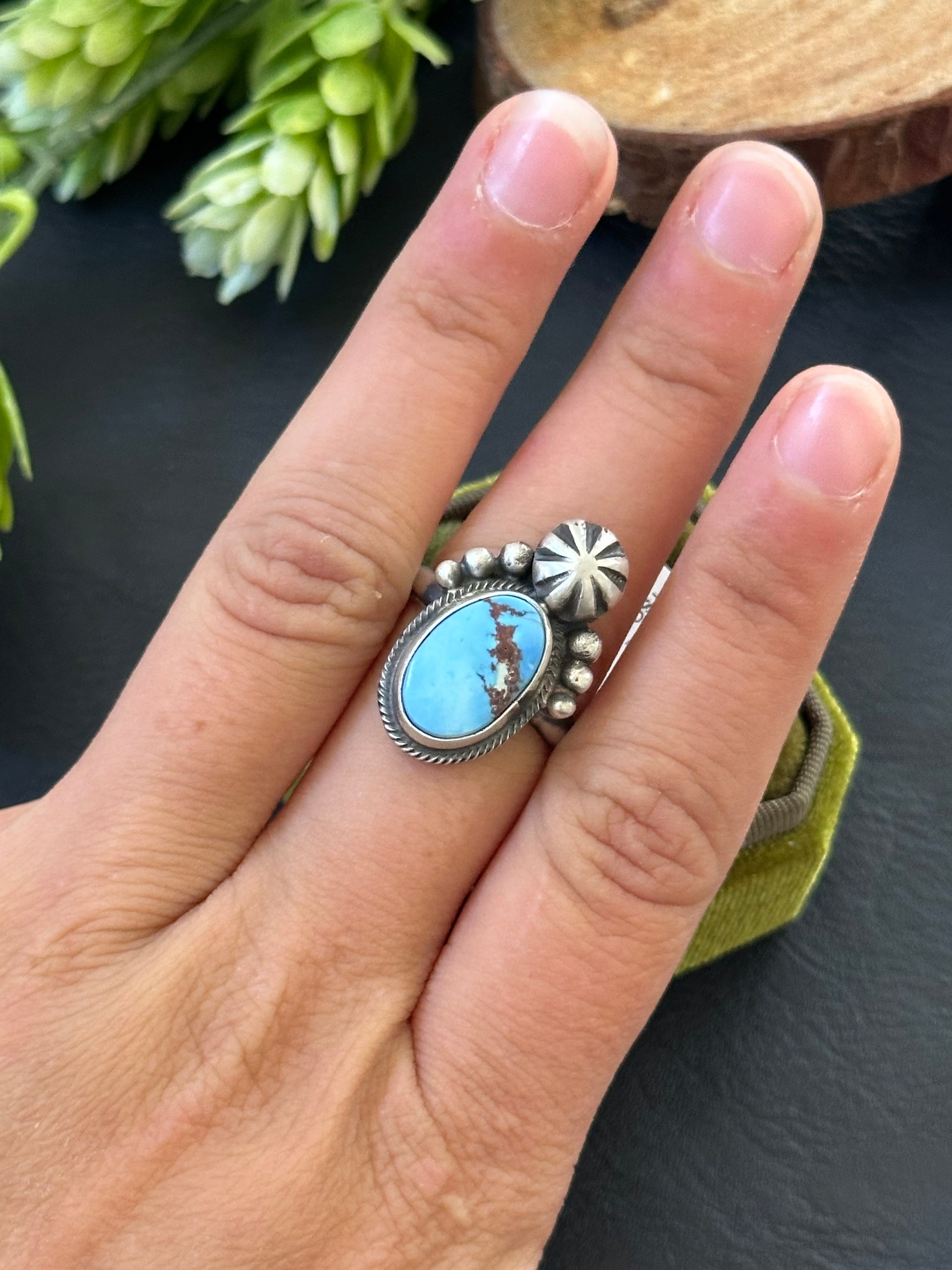 Marie Tsosie Golden Hills Turquoise & Sterling Silver Ring Size 8.75