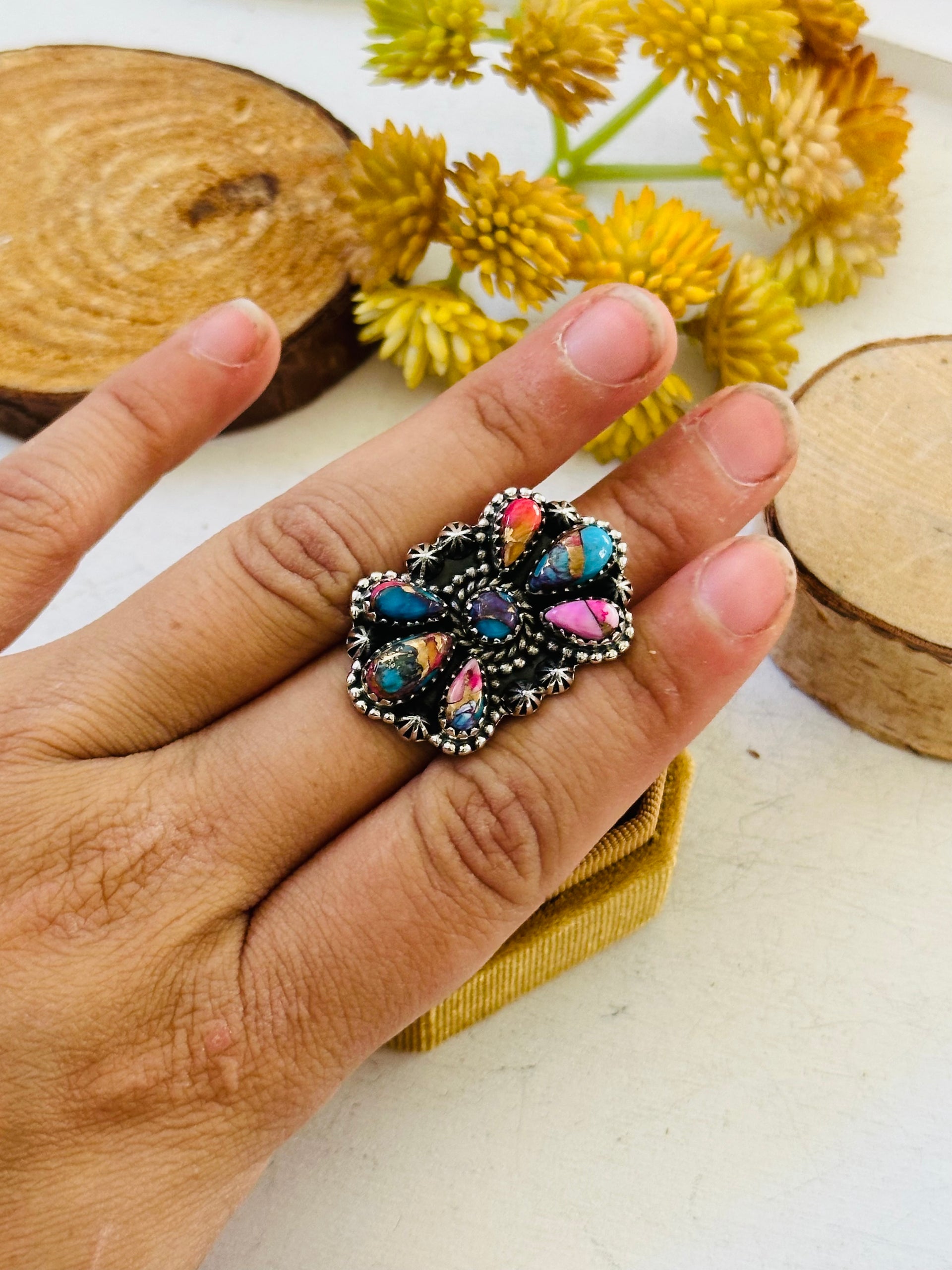 TTD “Sky Cascade” Mohave Turquoise & Sterling Silver Adjustable Cluster Ring