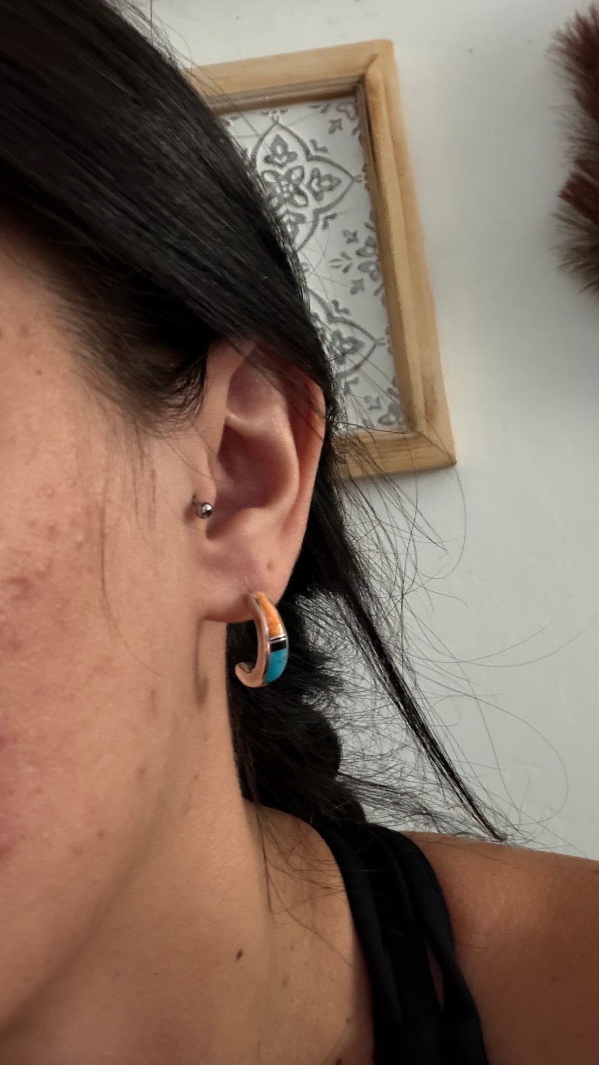 Navajo Made Multi Stone & Sterling Silver Post Dangle Inlay Hoop Earrings