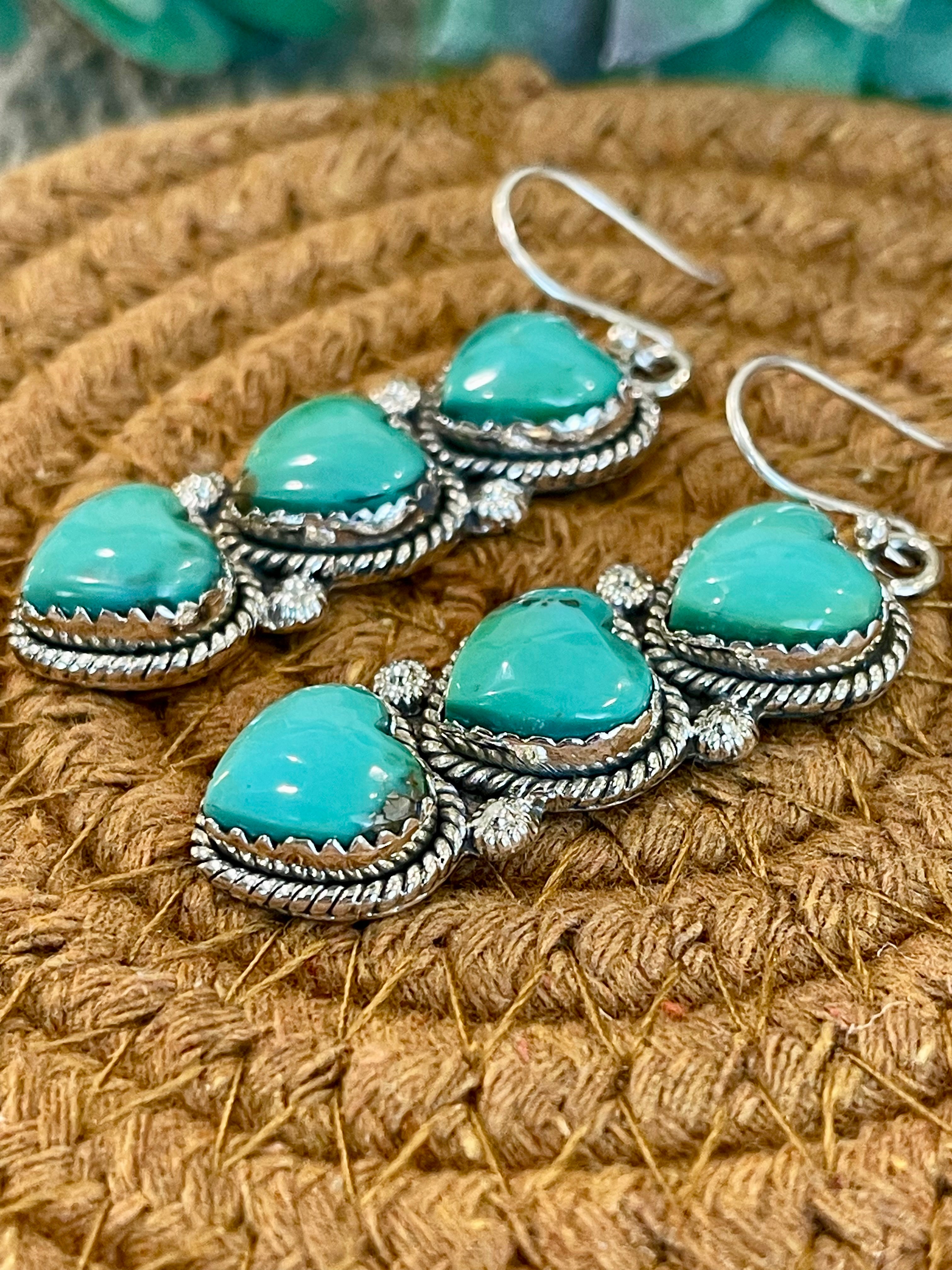 Southwest Handmade Kingman Turquoise & Sterling Silver Post Dangle Heart Earrings