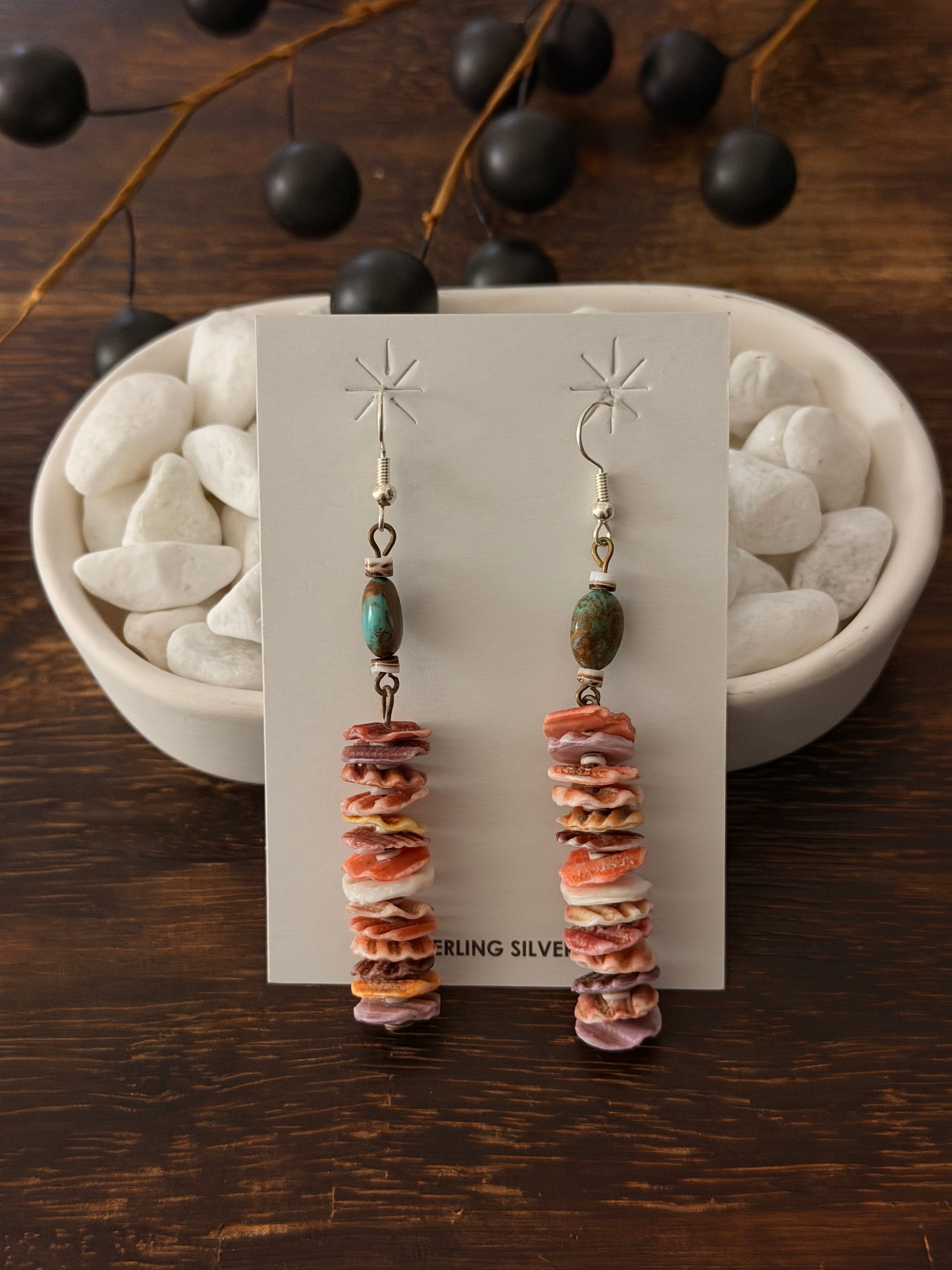 Navajo Made Multi Stone & Sterling Silver Dangle Beaded Earrings