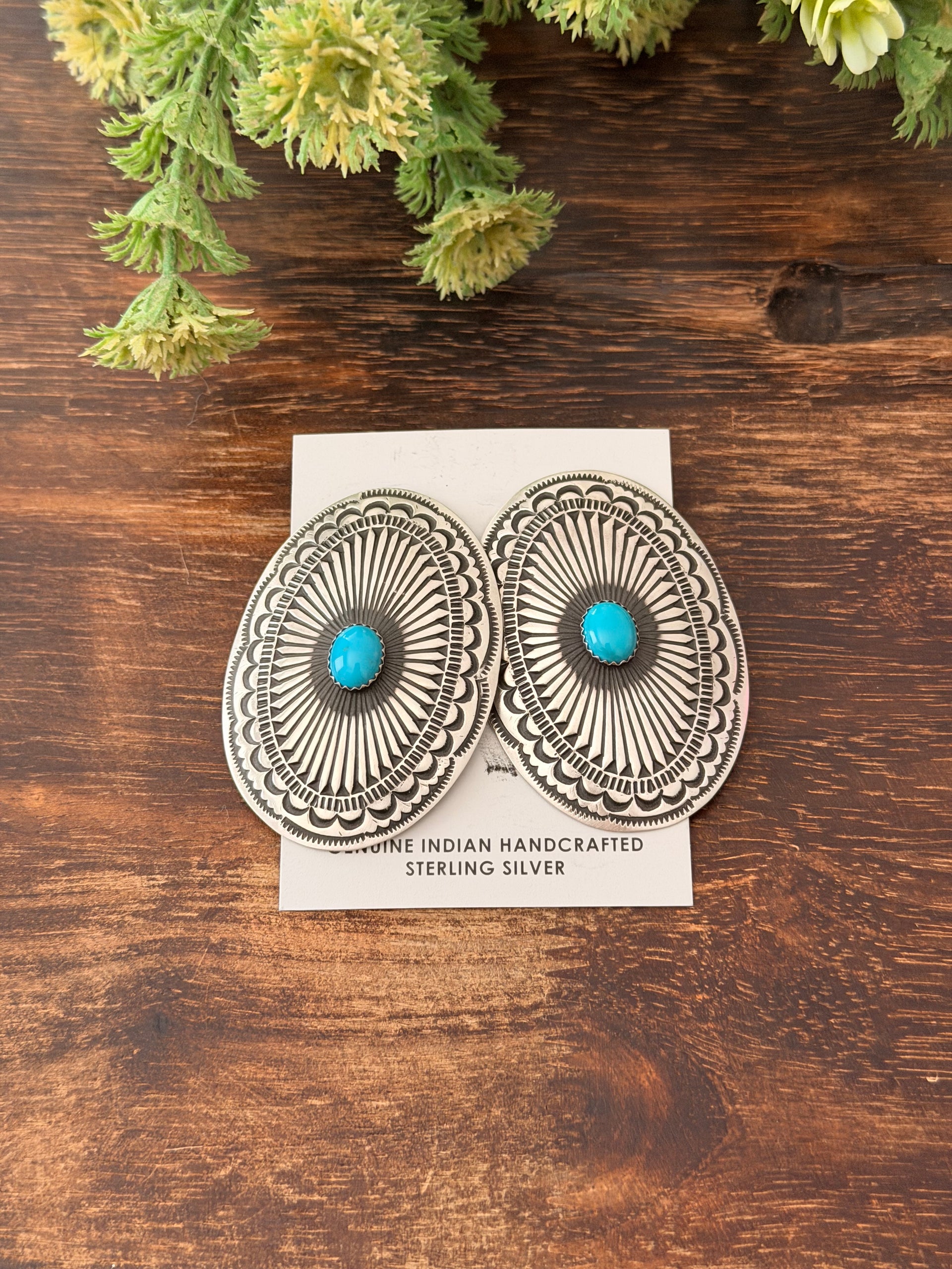 Leander Tahe Kingman Turquoise & Sterling Silver Post Concho Earrings
