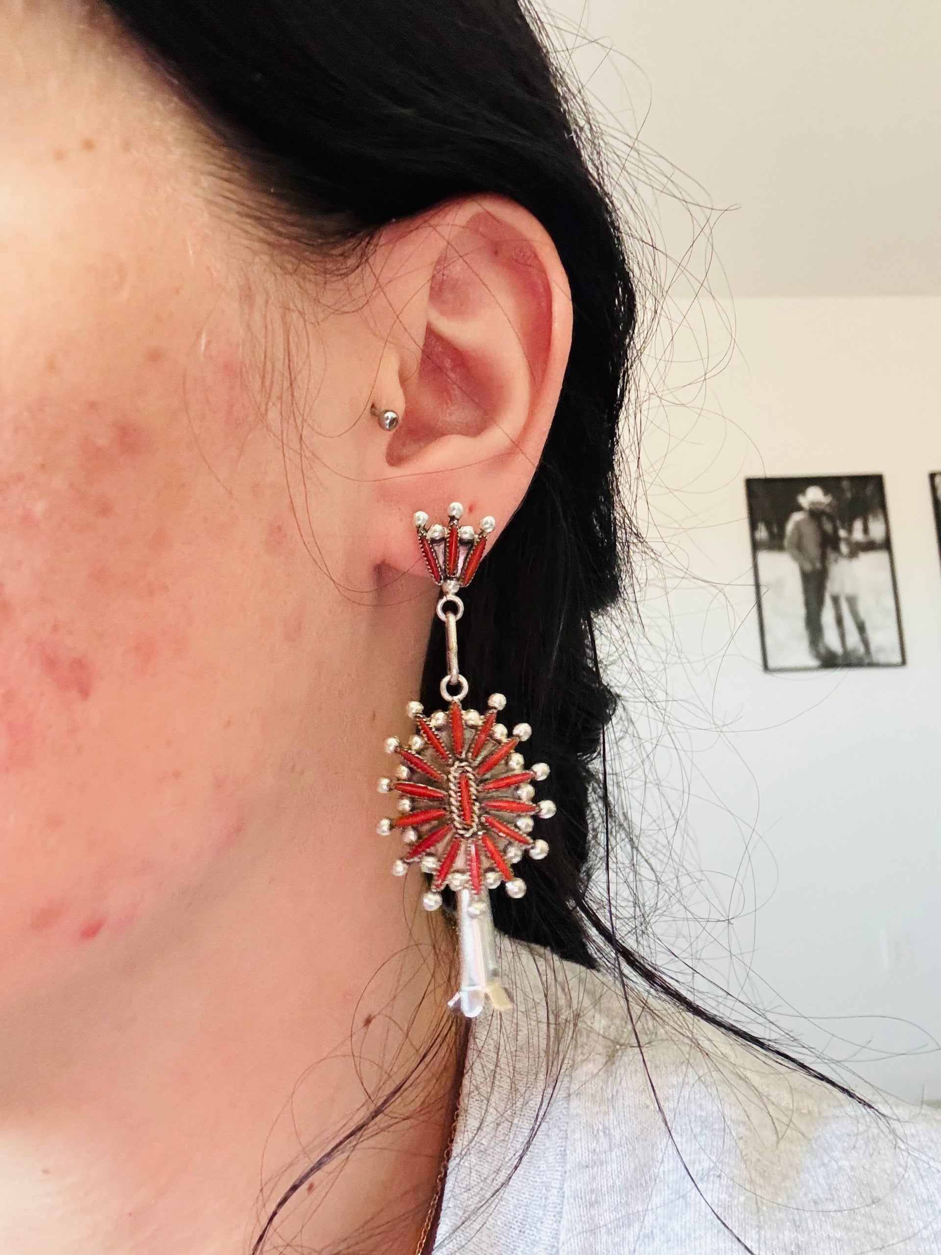 Lana Waatsa Red Coral & Sterling Silver Post Dangle Cluster Blossom Earrings