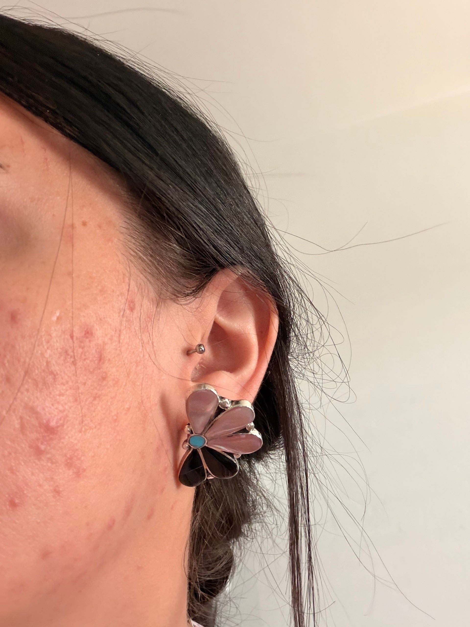 Zuni Made Multi Stone & Sterling Silver Post Half Cluster Inlay Earrings