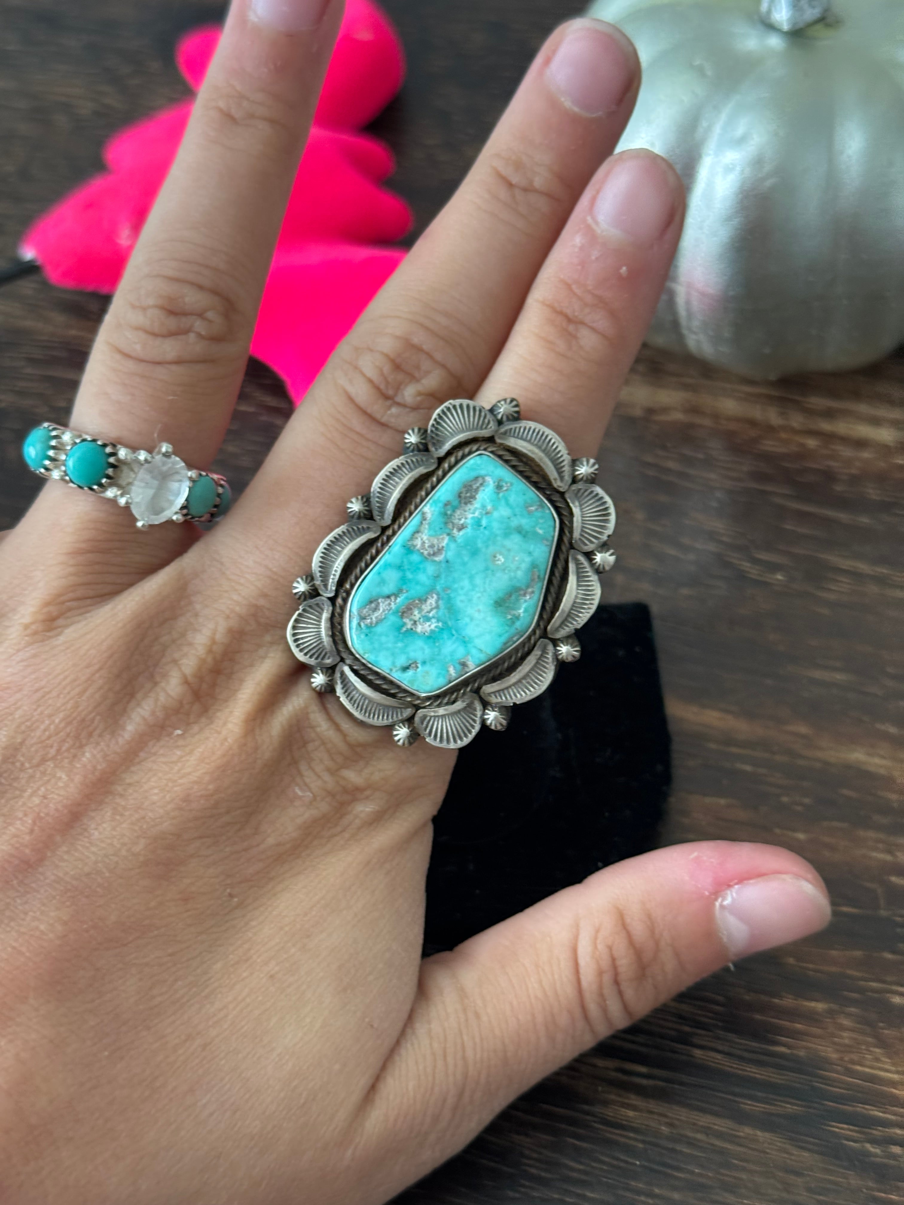 Sheila Becenti Kingman Turquoise Sterling Silver Ring Size 8.75