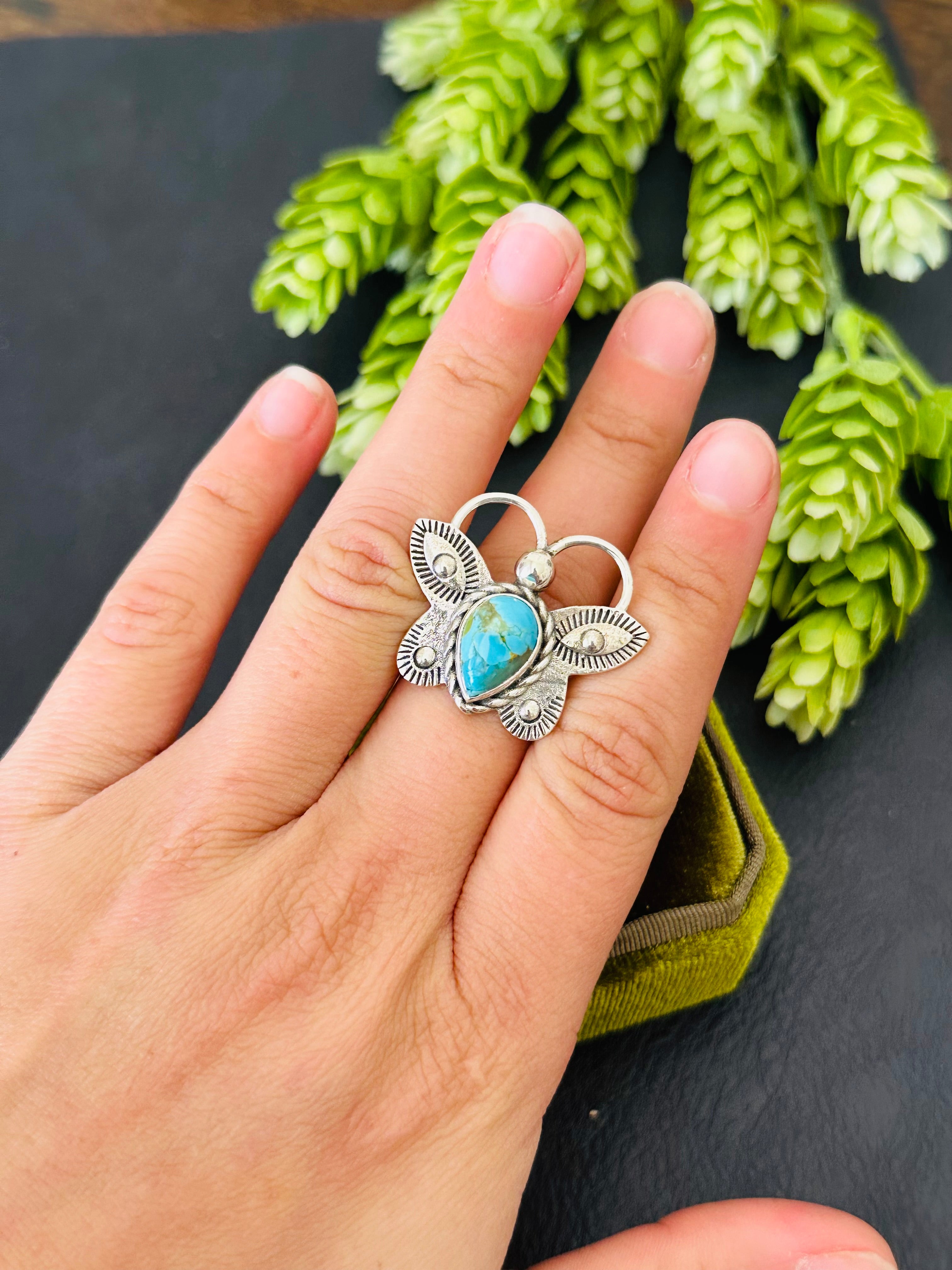 Southwest Handmade Kingman Turquoise & Sterling Silver Adjustable Butterfly Ring