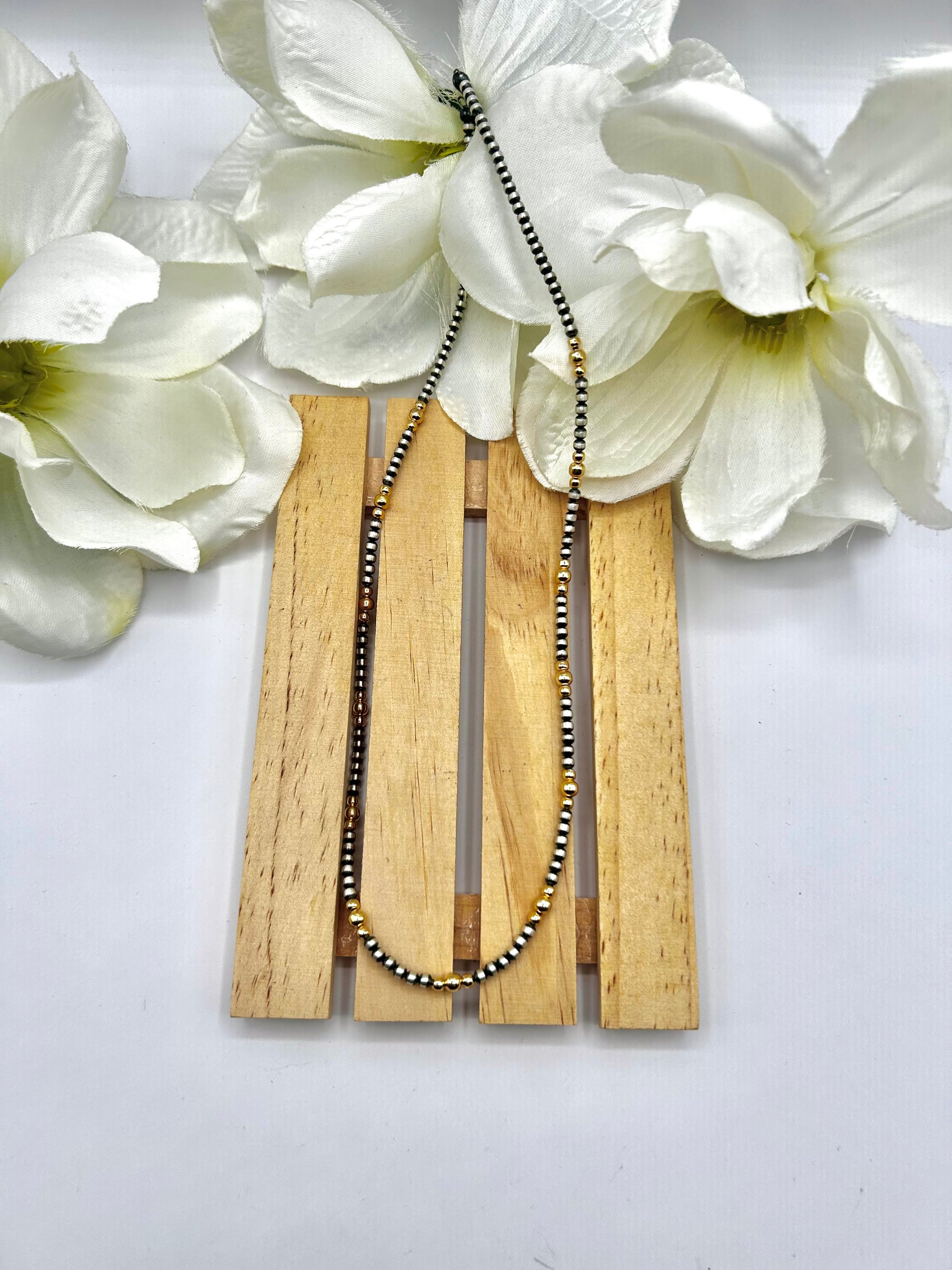 Navajo Made Strung 14K Gold Plated & Sterling Silved Necklace