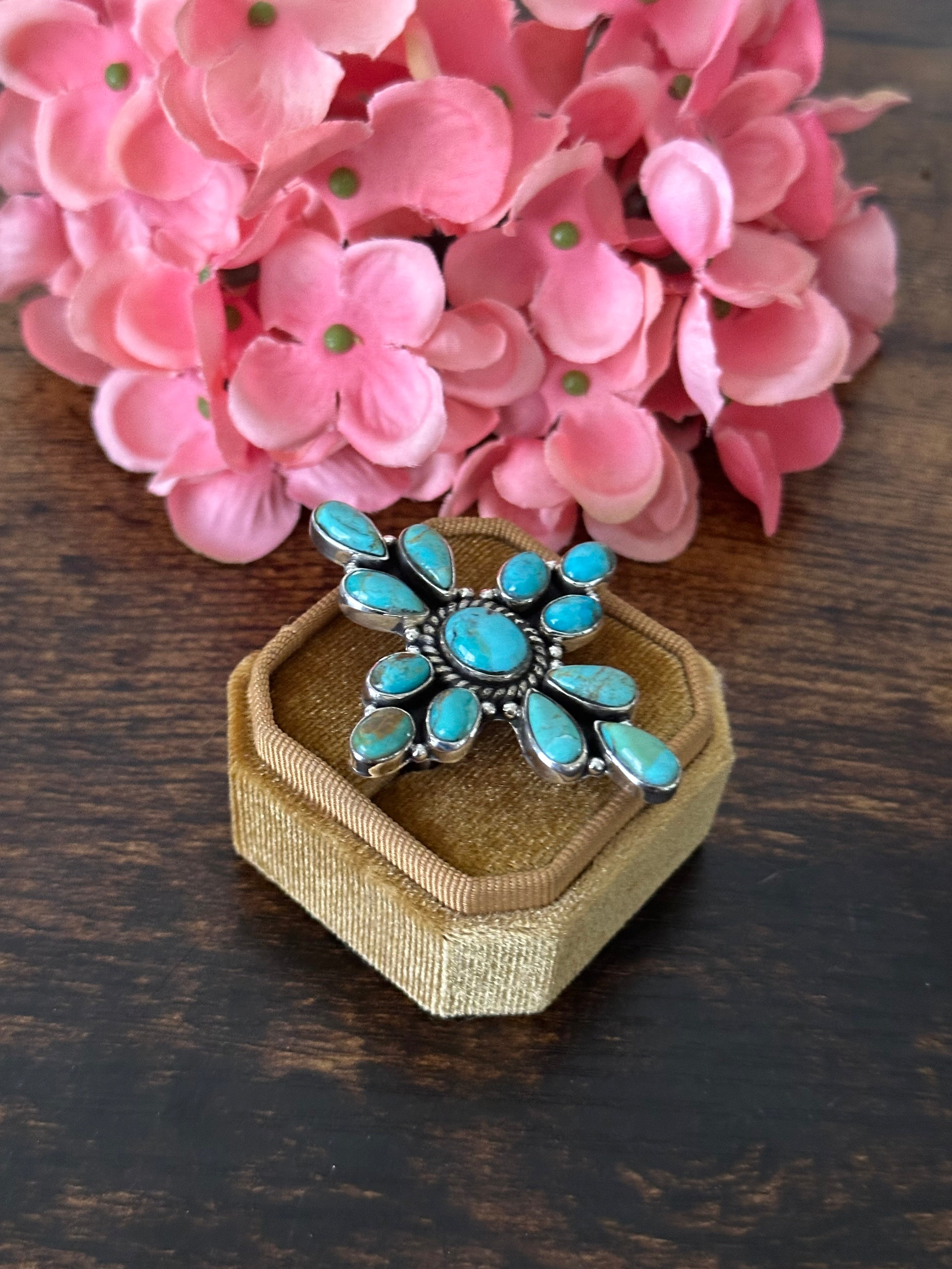 Southwest Handmade Kingman Turquoise & Sterling Silver Cluster Adjustable Ring