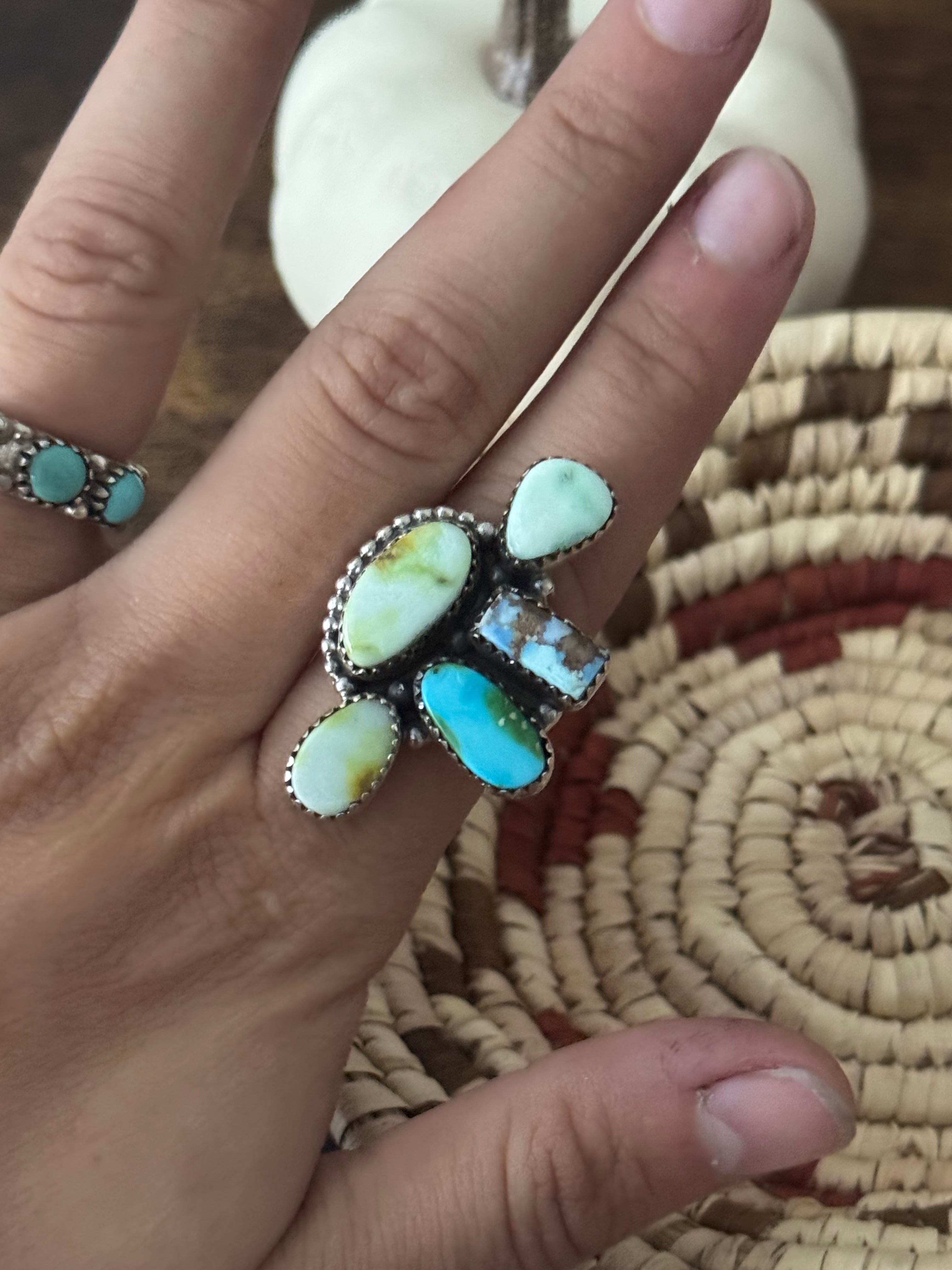 Southwest Handmade Multi Stone & Sterling Silver Adjustable Cluster Ring