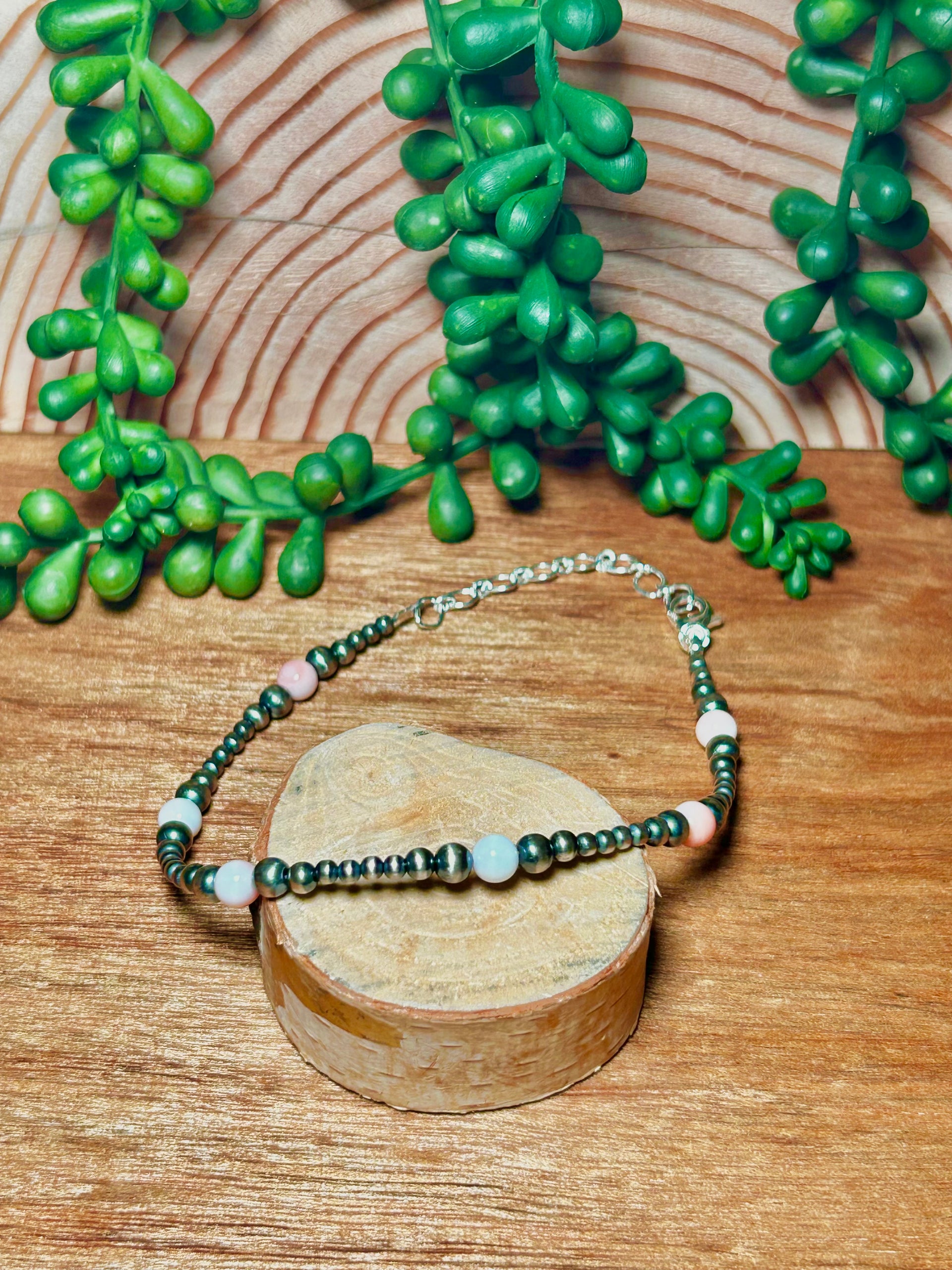 Navajo Made Pink Conch &  Sterling Silver Strung Anklet