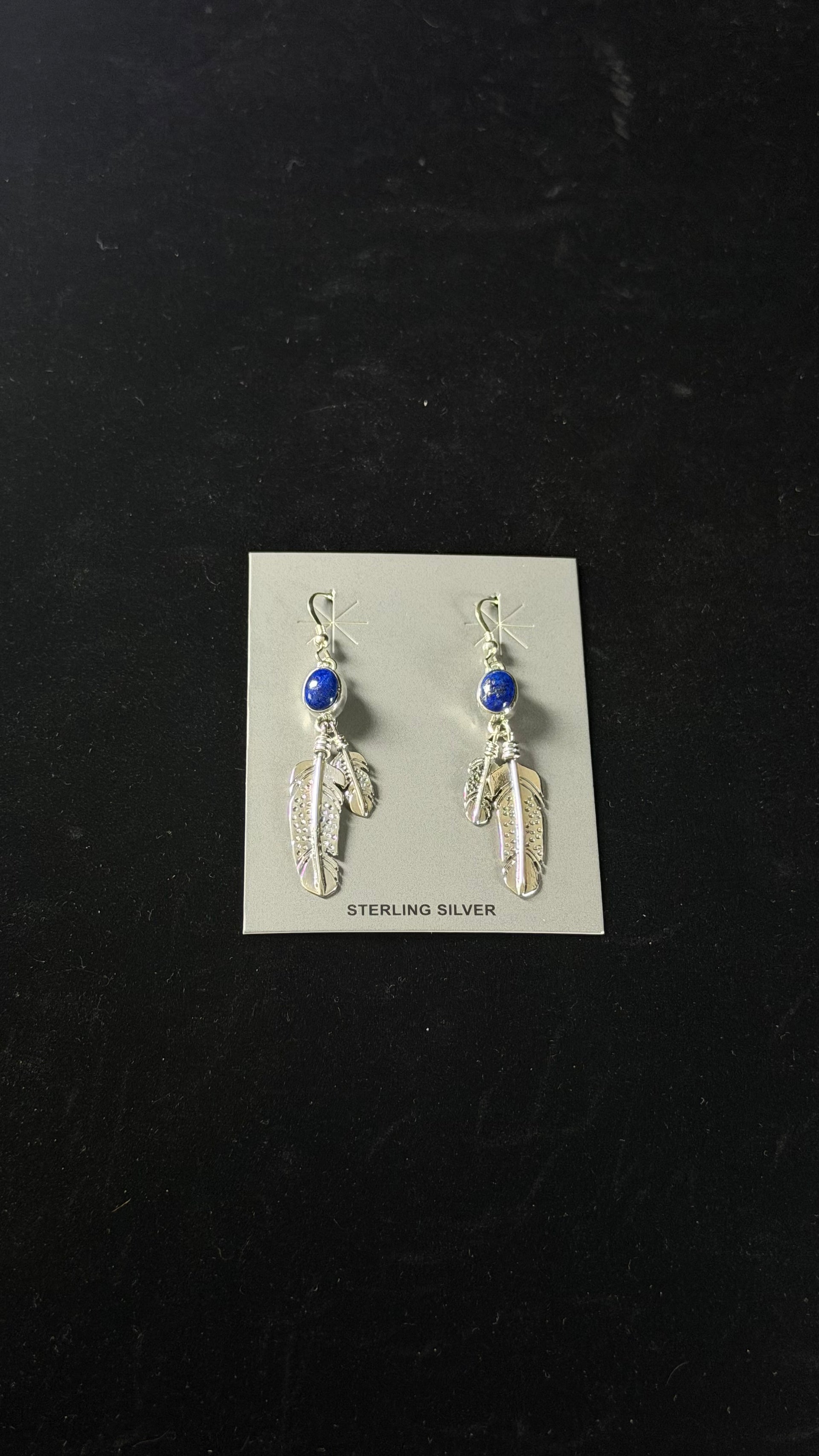 Navajo Made Lapis & Sterling Silver Feather Dangle Earrings