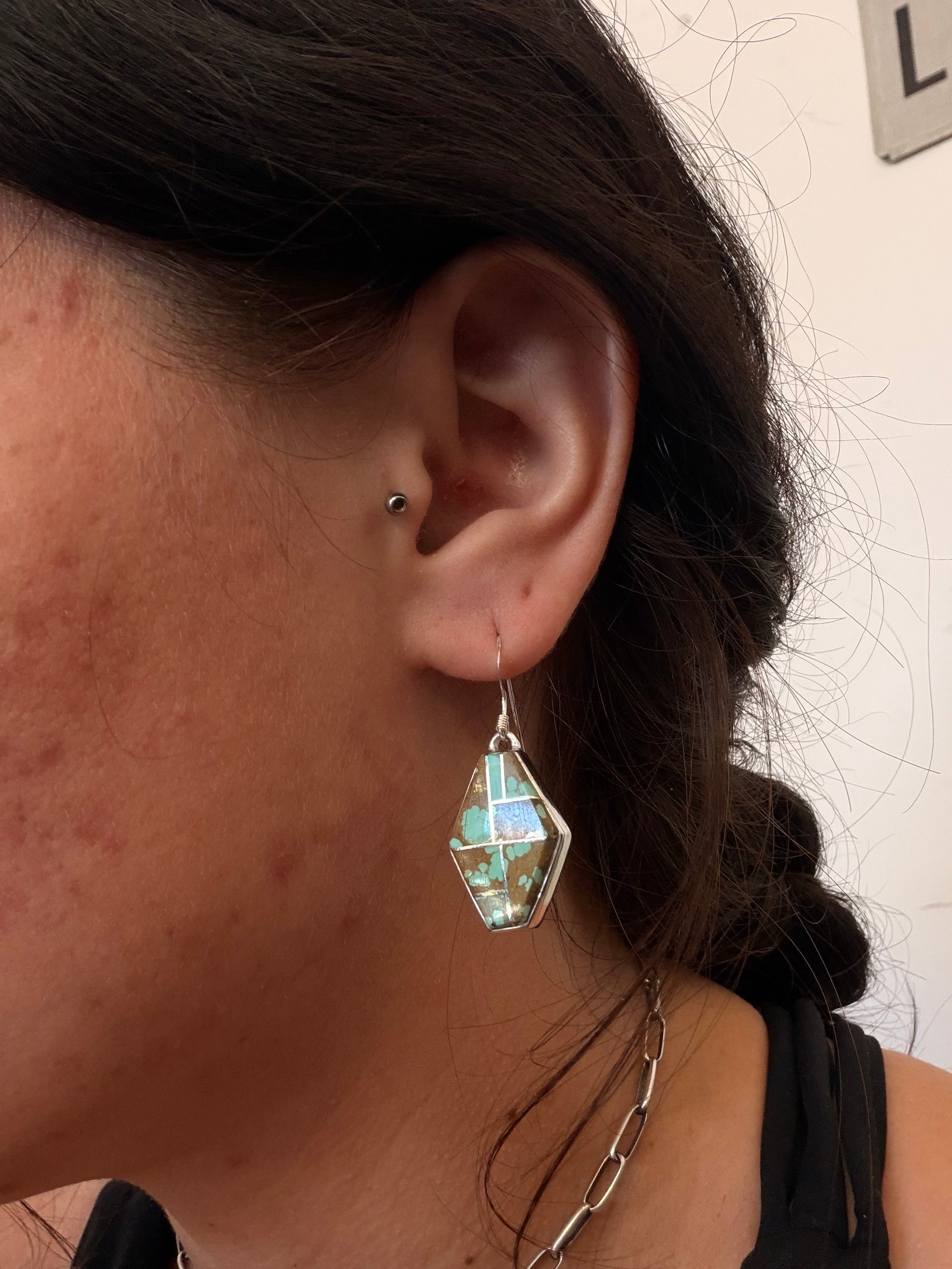 Navajo Made Mine 8 Turquoise & Sterling Silver Inlay Dangle Earrings