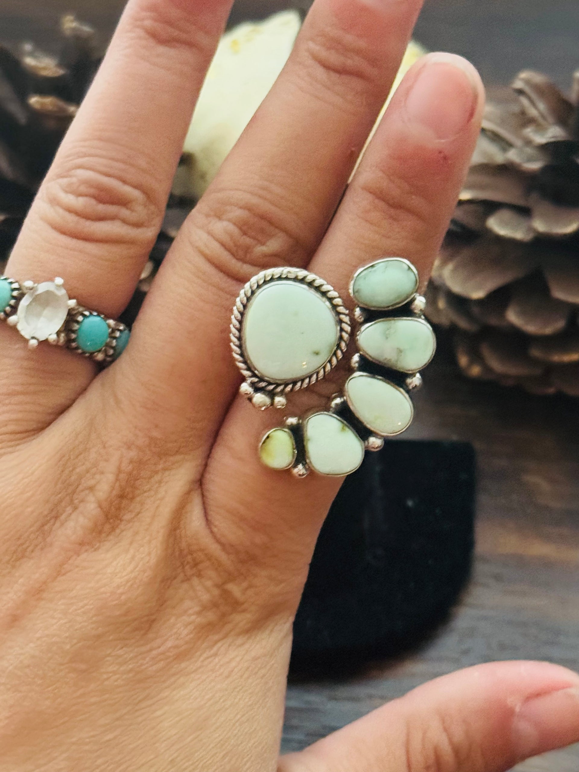 Southwest Handmade Palomino Variscite & Sterling Silver Adjustable Cluster Ring