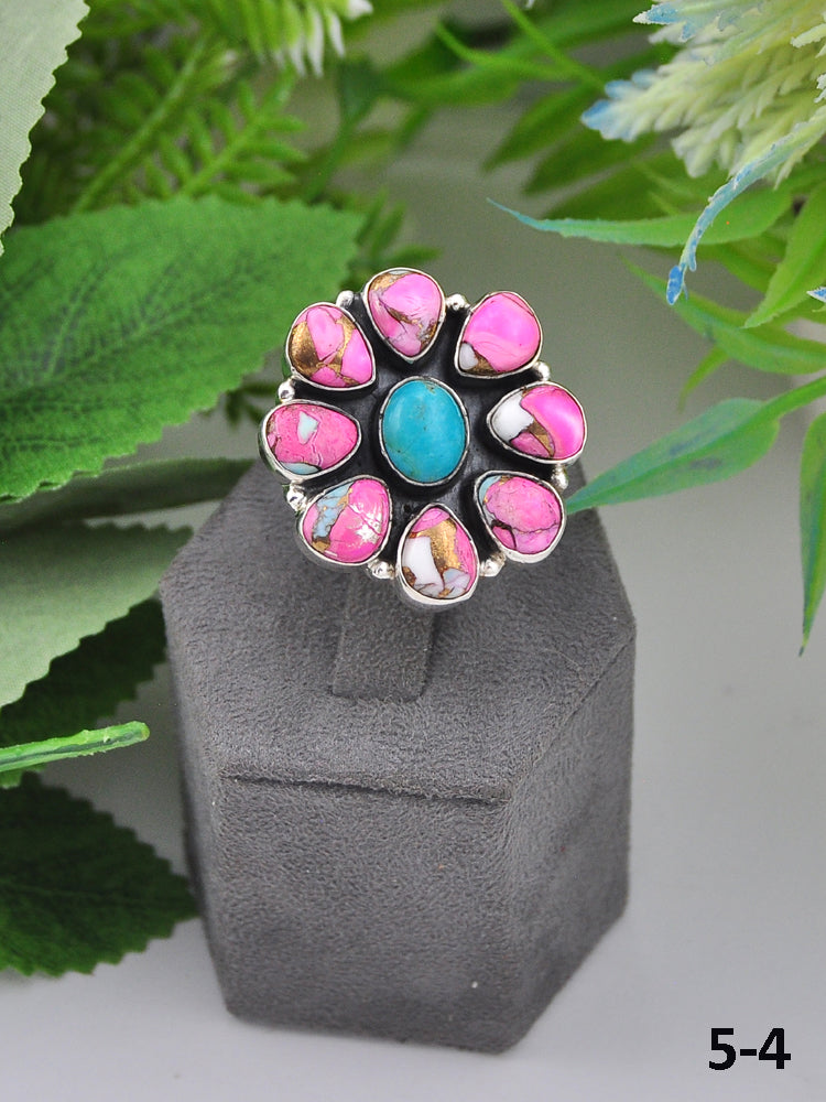 Southwest Made Multi Stone & Sterling Sliver Cluster Adjustable Ring