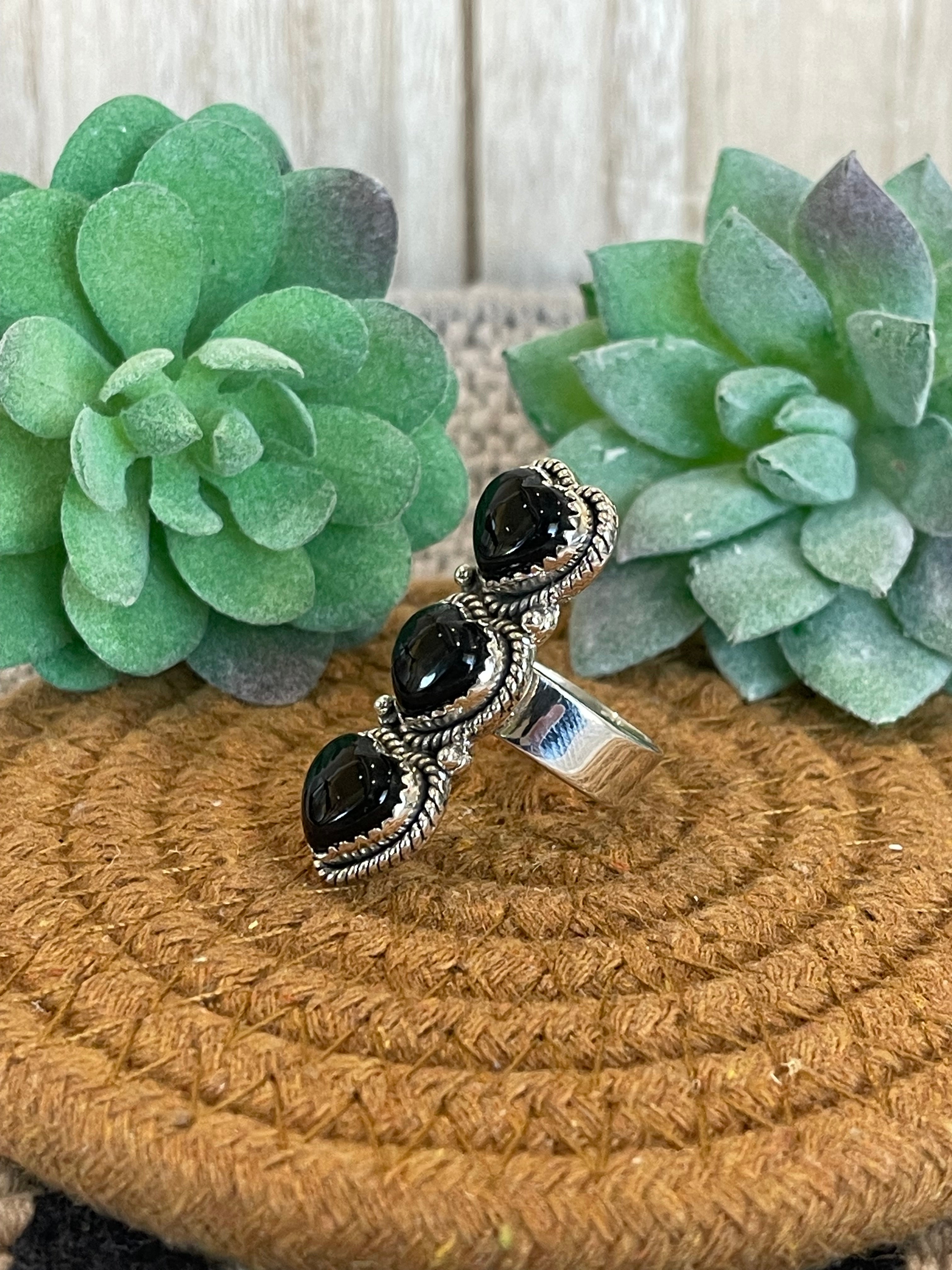 Southwest Handmade Black Onyx & Sterling Silver Adjustable 3 Stone Heart  Ring