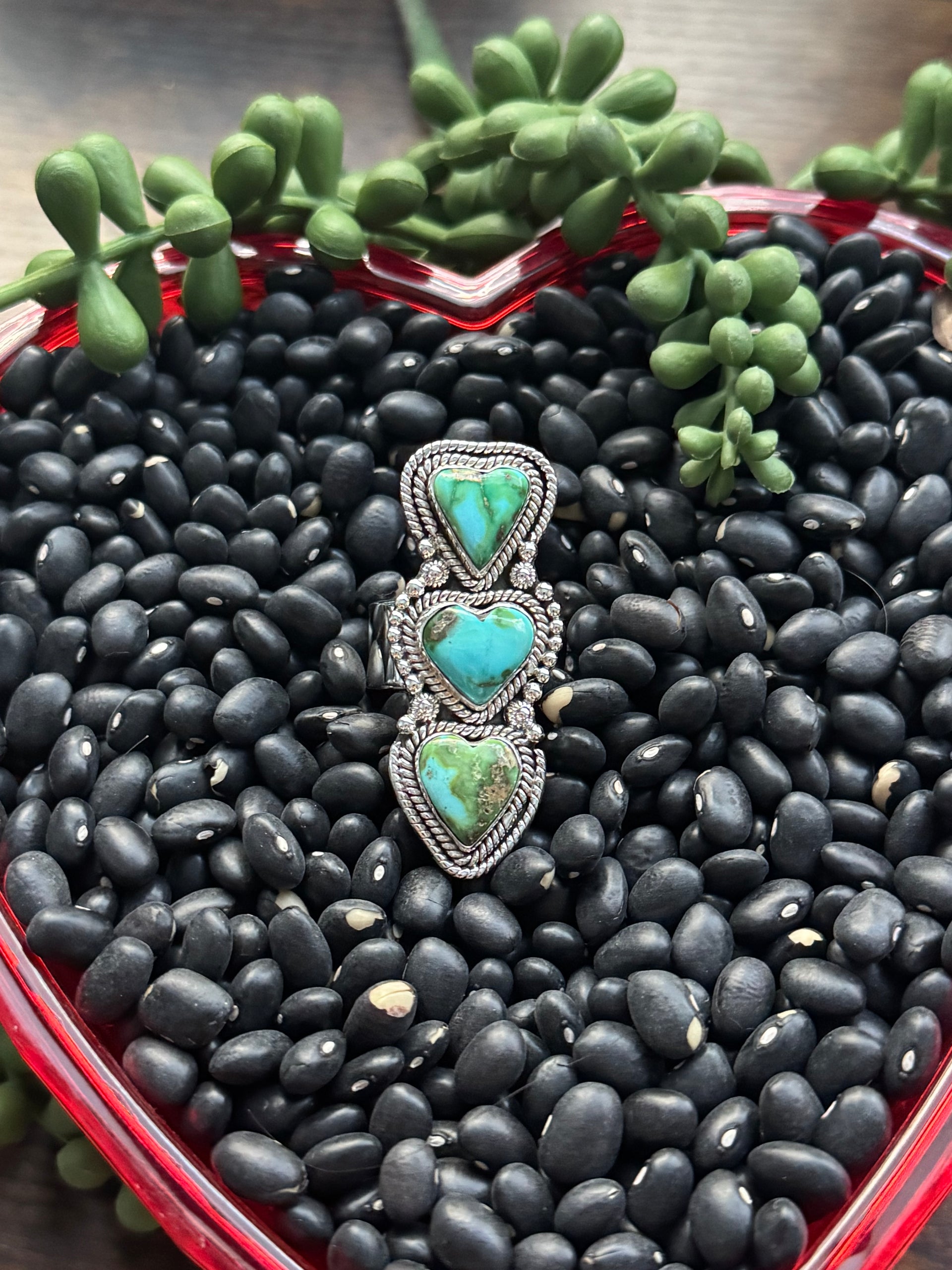 Southwest Handmade Sonoran Mountain Turquoise & Sterling Silver Adjustable Cluster Triple Heart Ring