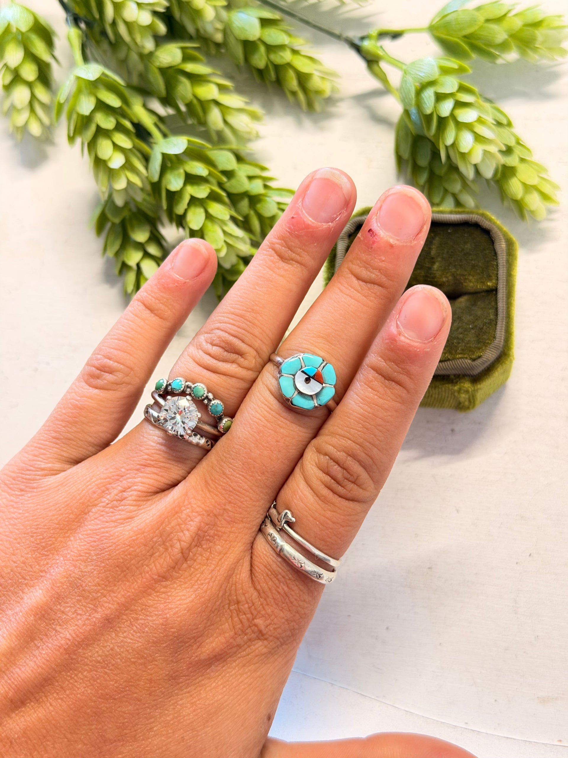Zuni Made Multi Stone & Sterling Silver Sunface Inlay Ring
