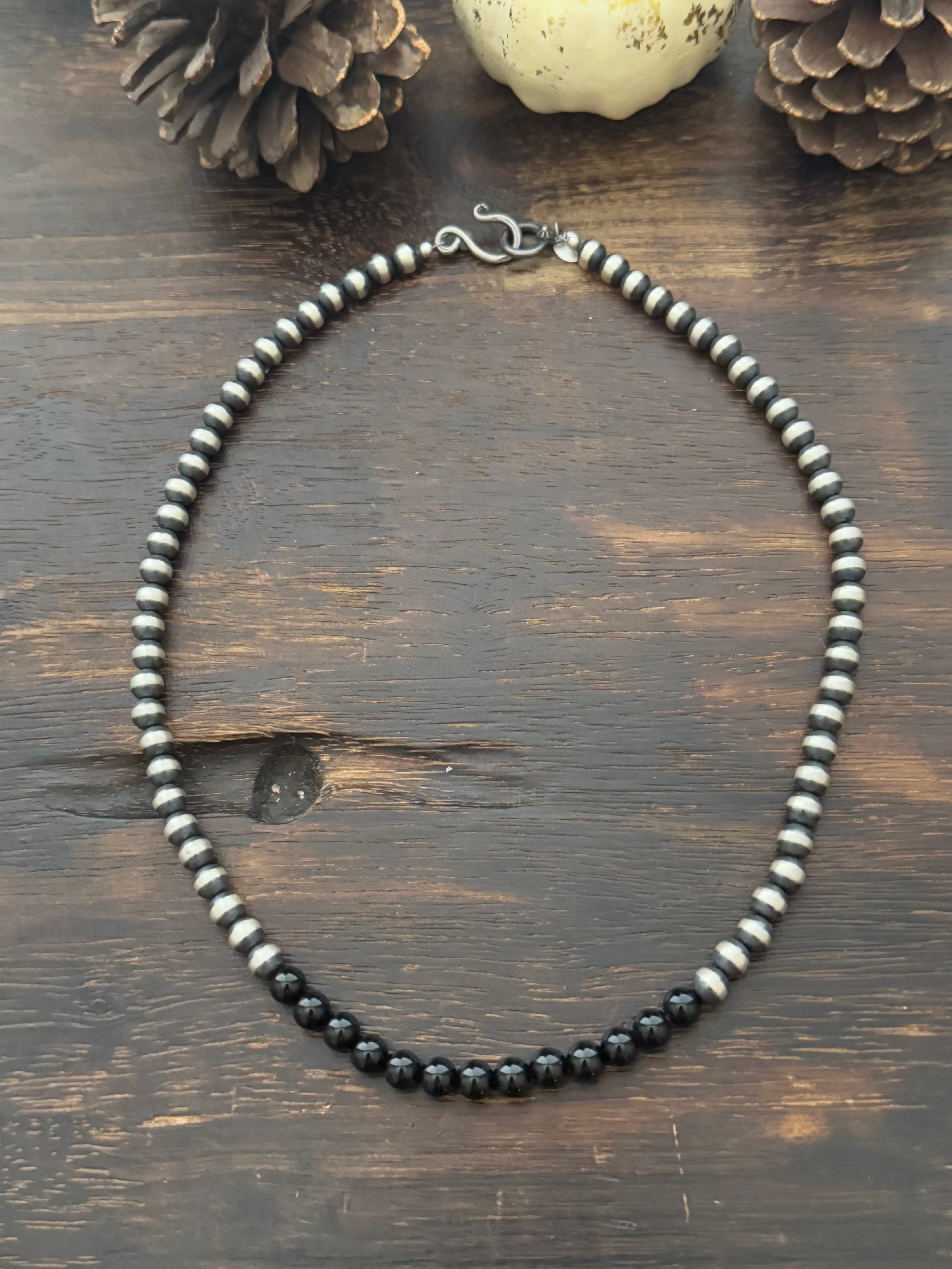 Navajo Strung Onyx & Sterling Silver Pearls Beaded Necklace