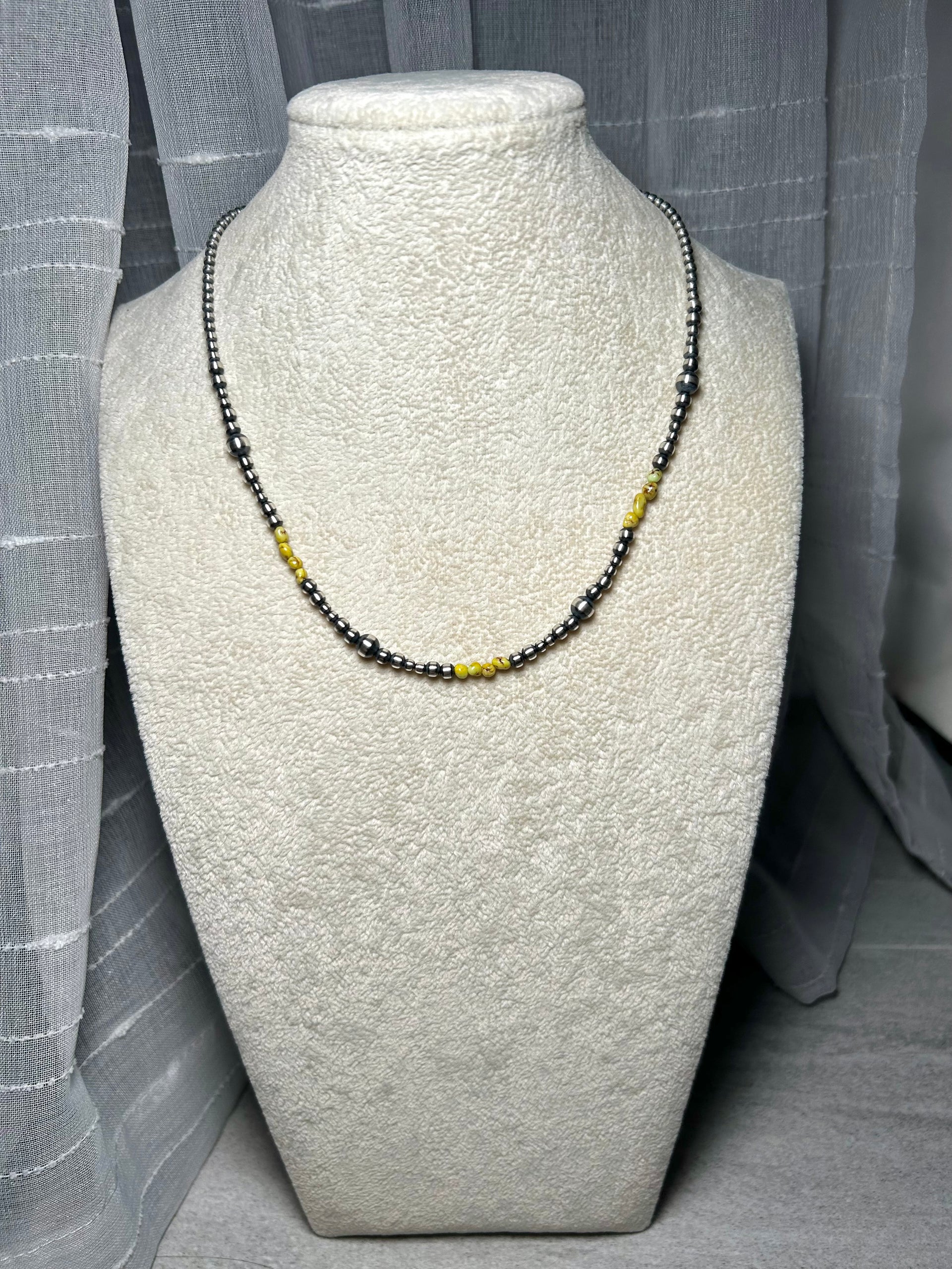 Navajo Strung Palomino Variscite & Sterling Silver Necklace