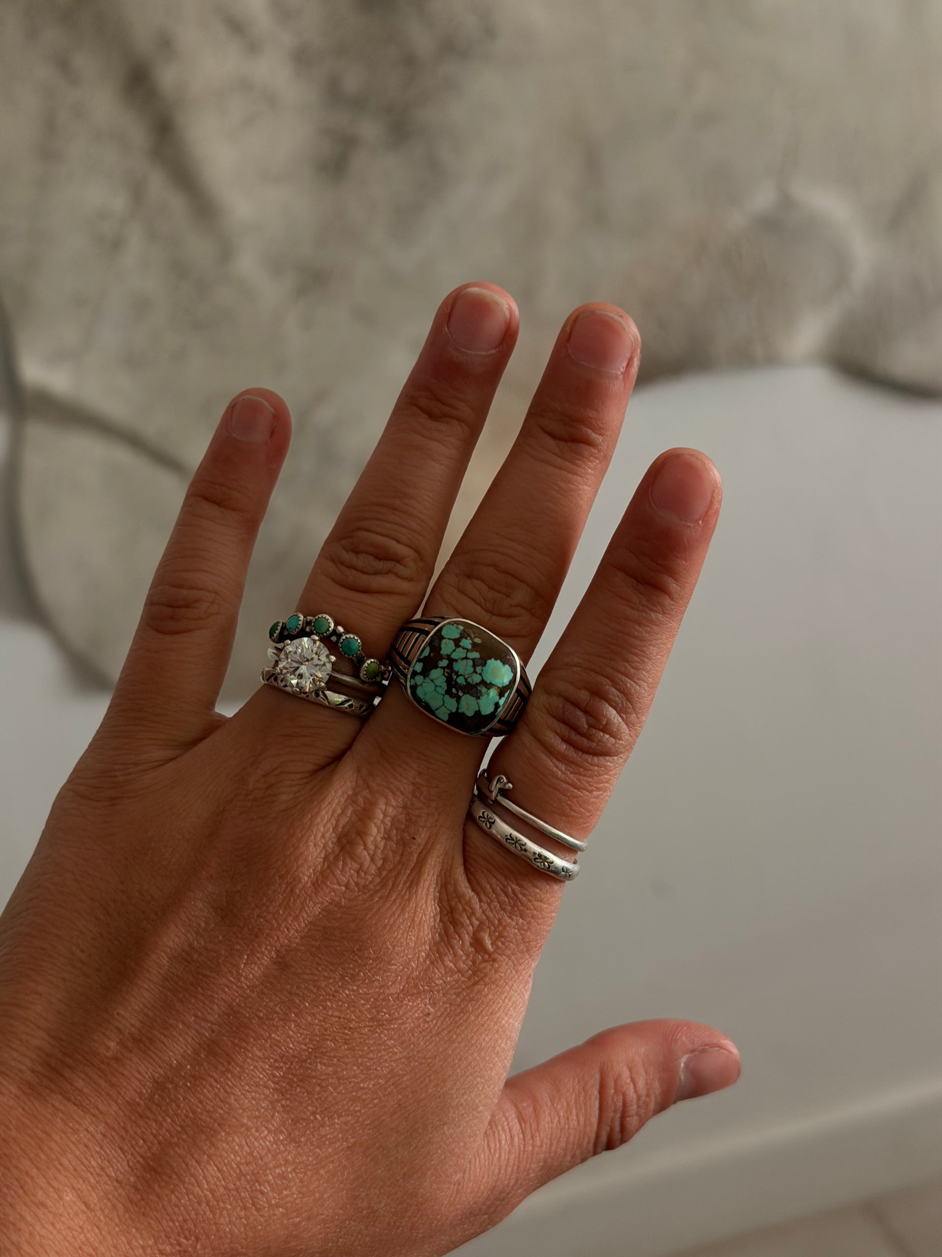 Navajo Made Mine 8 Turquoise & Sterling Silver Cast Ring Size 9