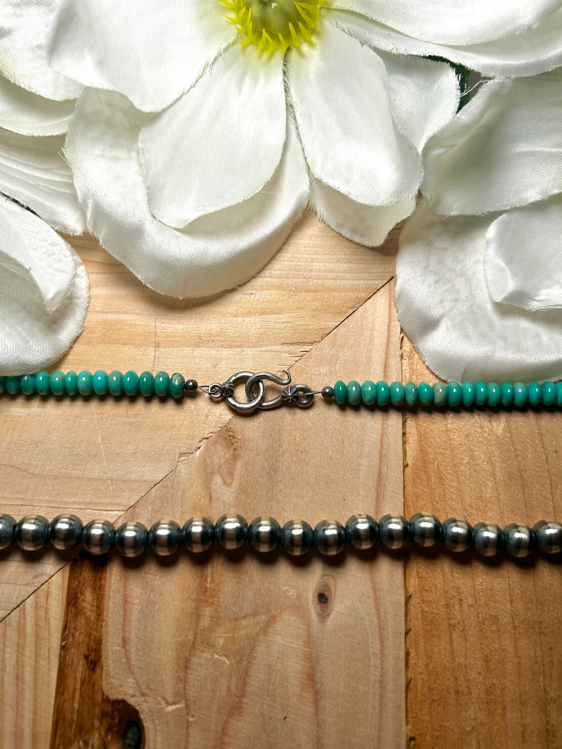 Navajo Made Strung 8MM Kingman Turquoise & Sterling Silver Necklace