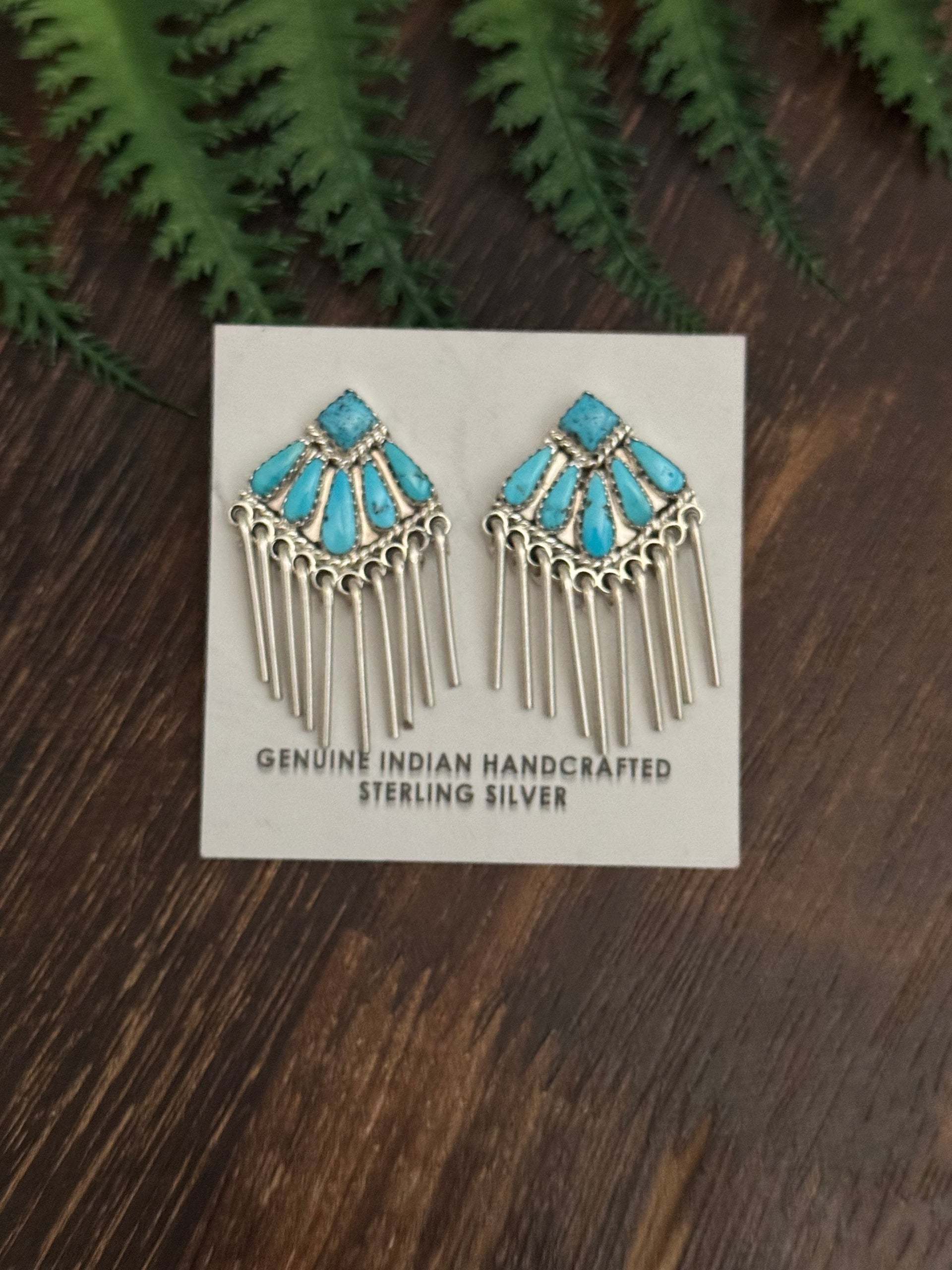 Navajo Made Sleeping Beauty Turquoise & Sterling Silver Post Dangle Cluster Earrings