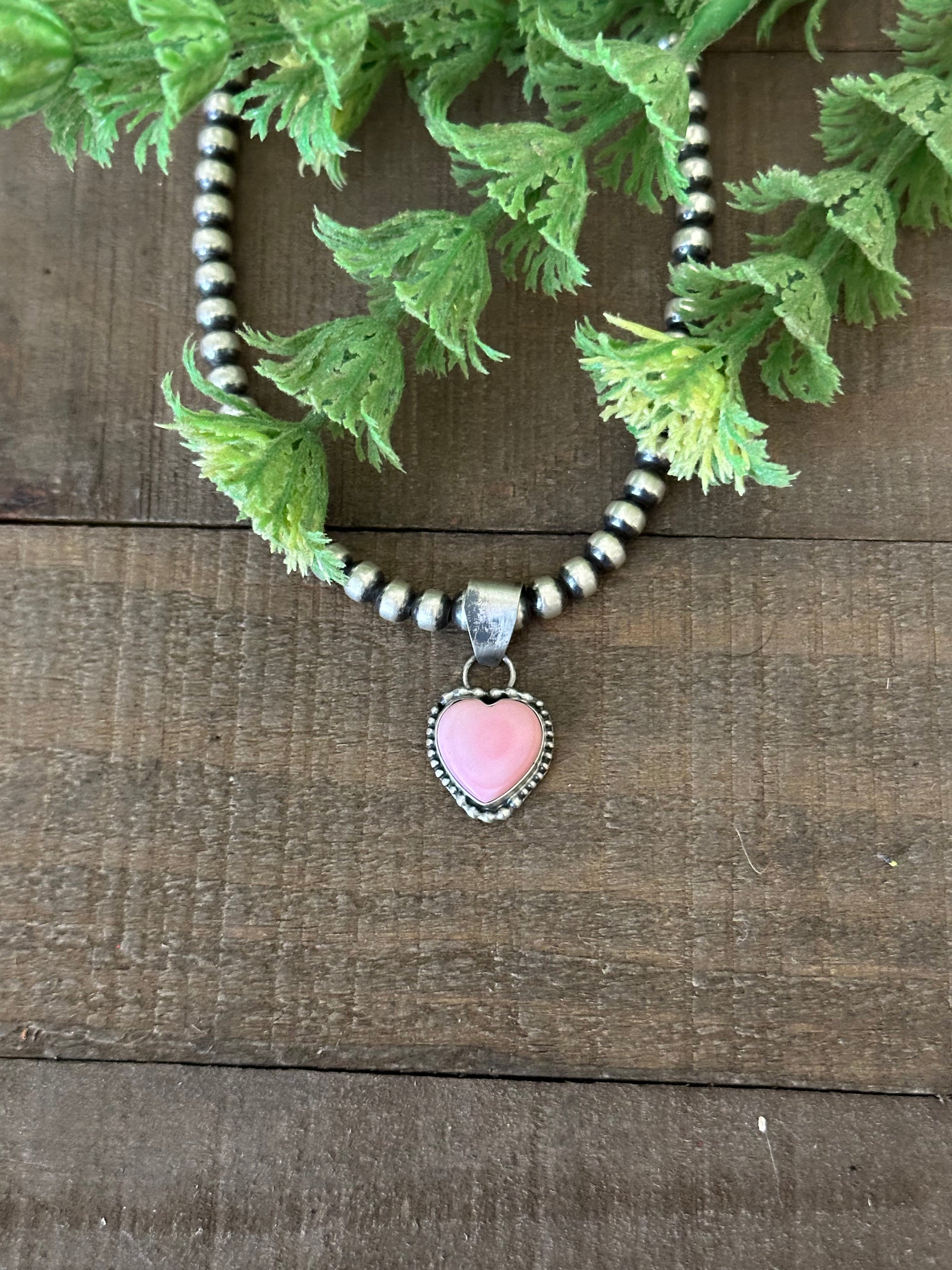 Navajo Made Pink Conch & Sterling Silver Heart Pendant
