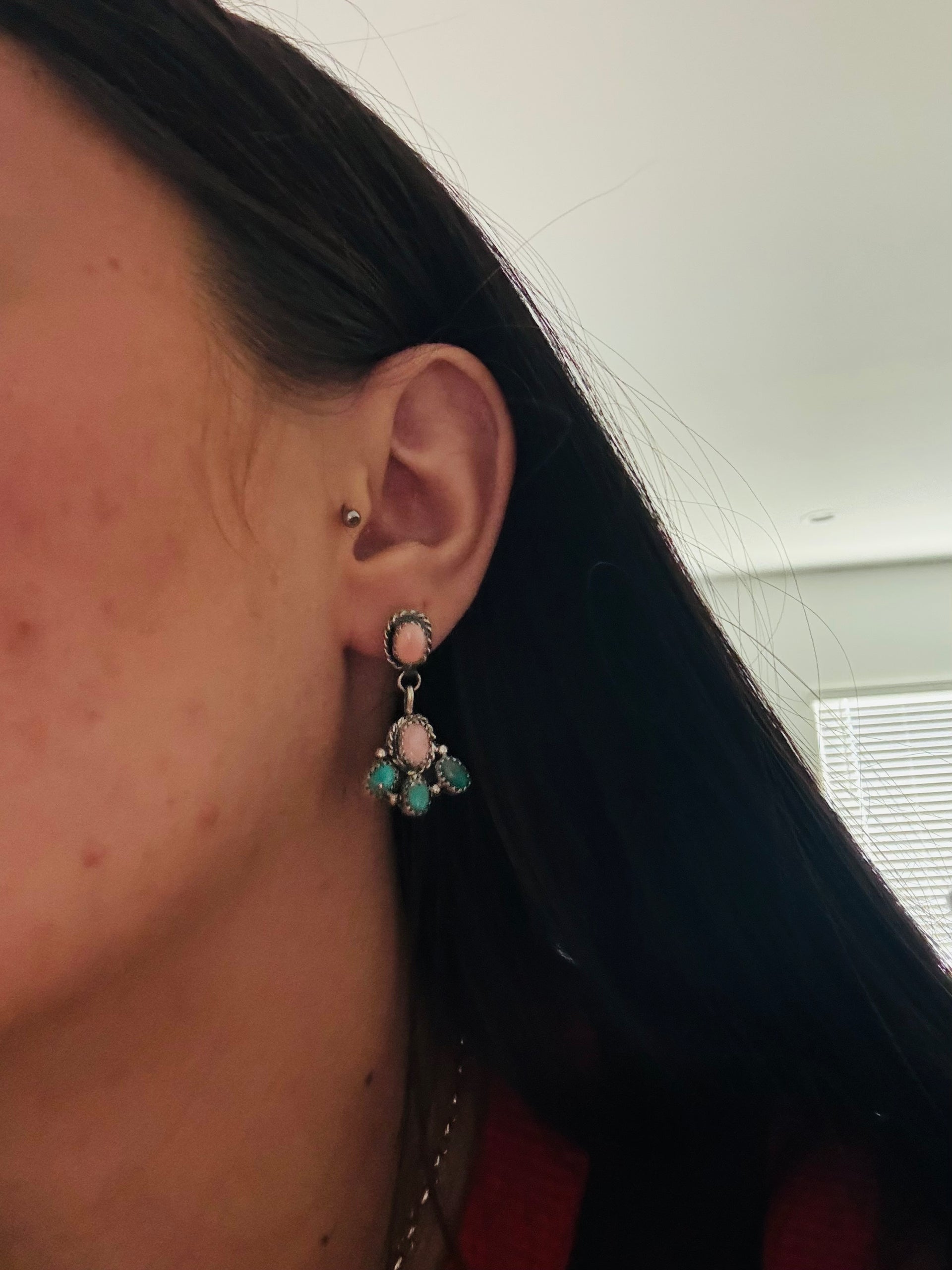 Navajo Made Multi Stone & Sterling Silver Post Dangle Earrings