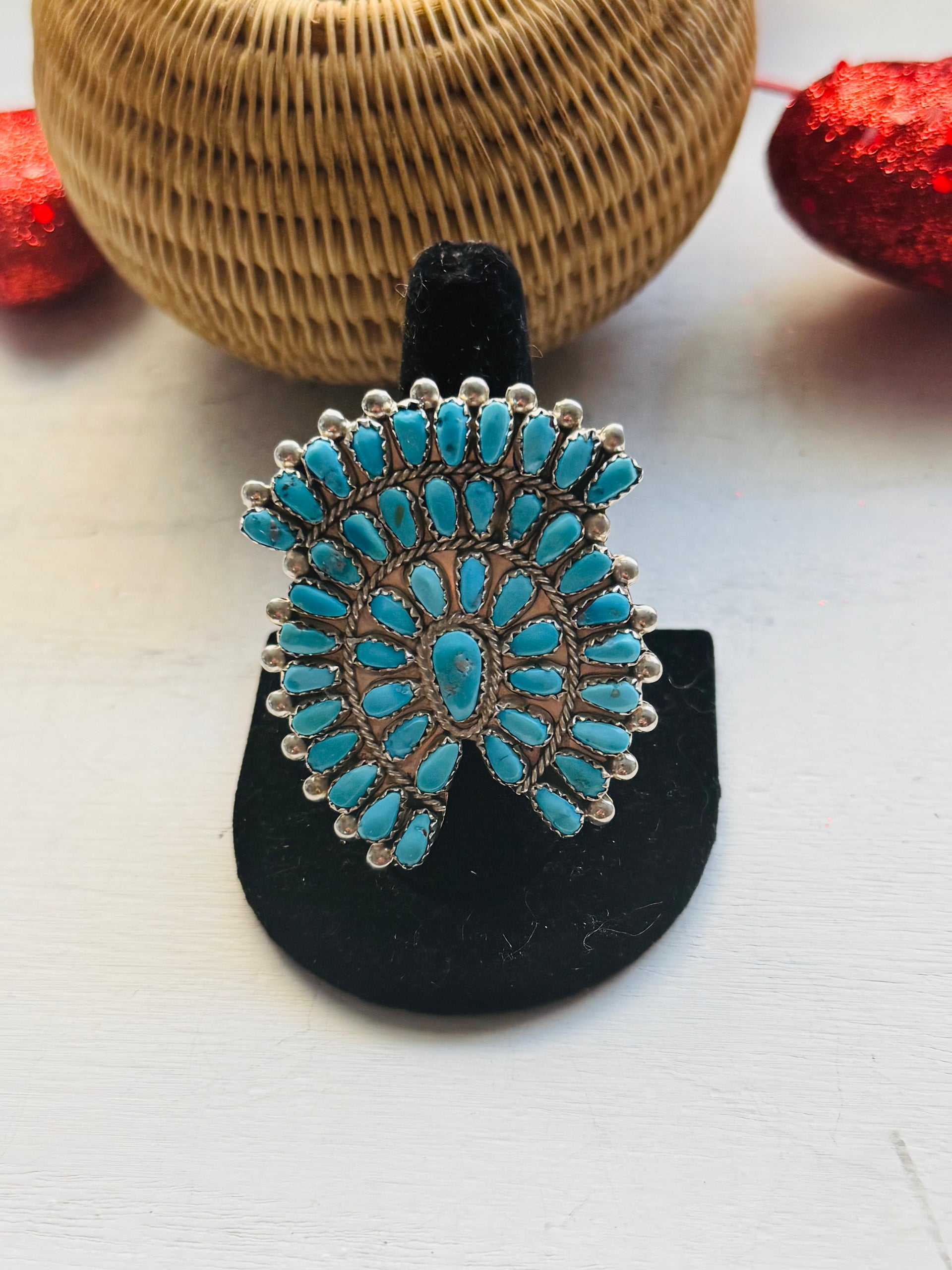Navajo Made Sleeping Beauty & Sterling Silver Cluster Adjustable Ring