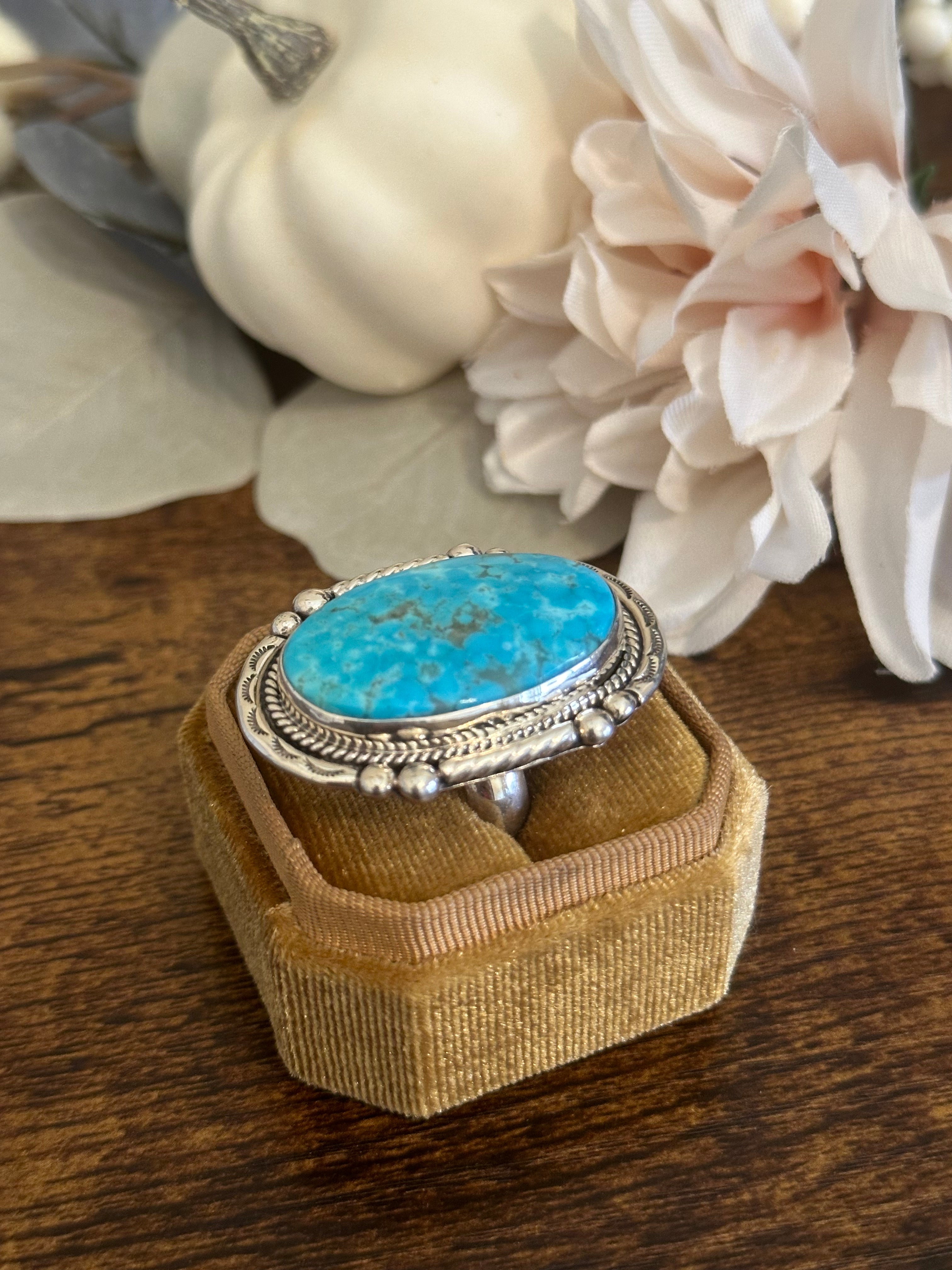 Navajo Made Kingman Turquoise & Sterling Silver Ring Size 9.5