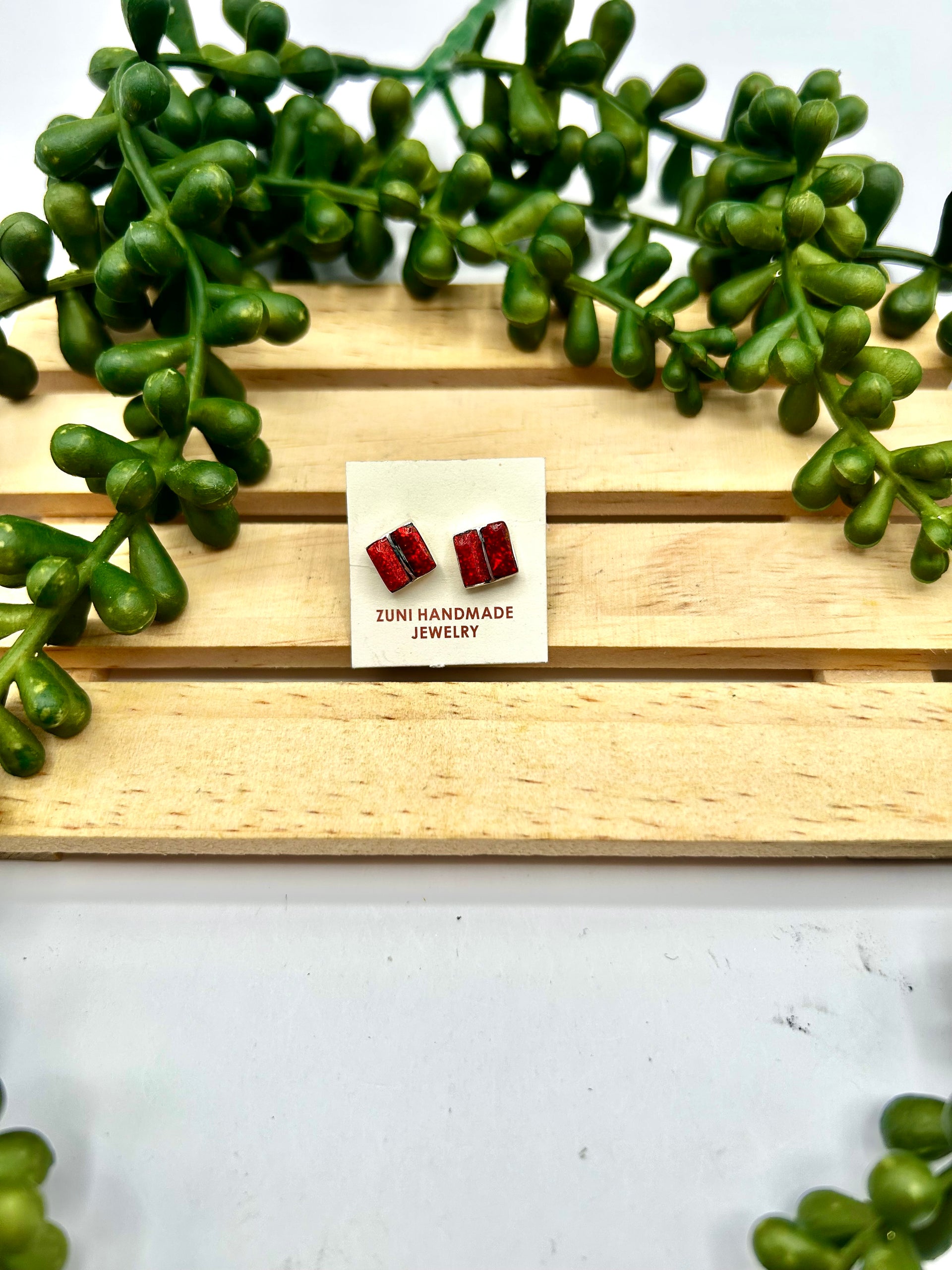 Zuni Made Red Coral & Sterling Silver Post Earrings