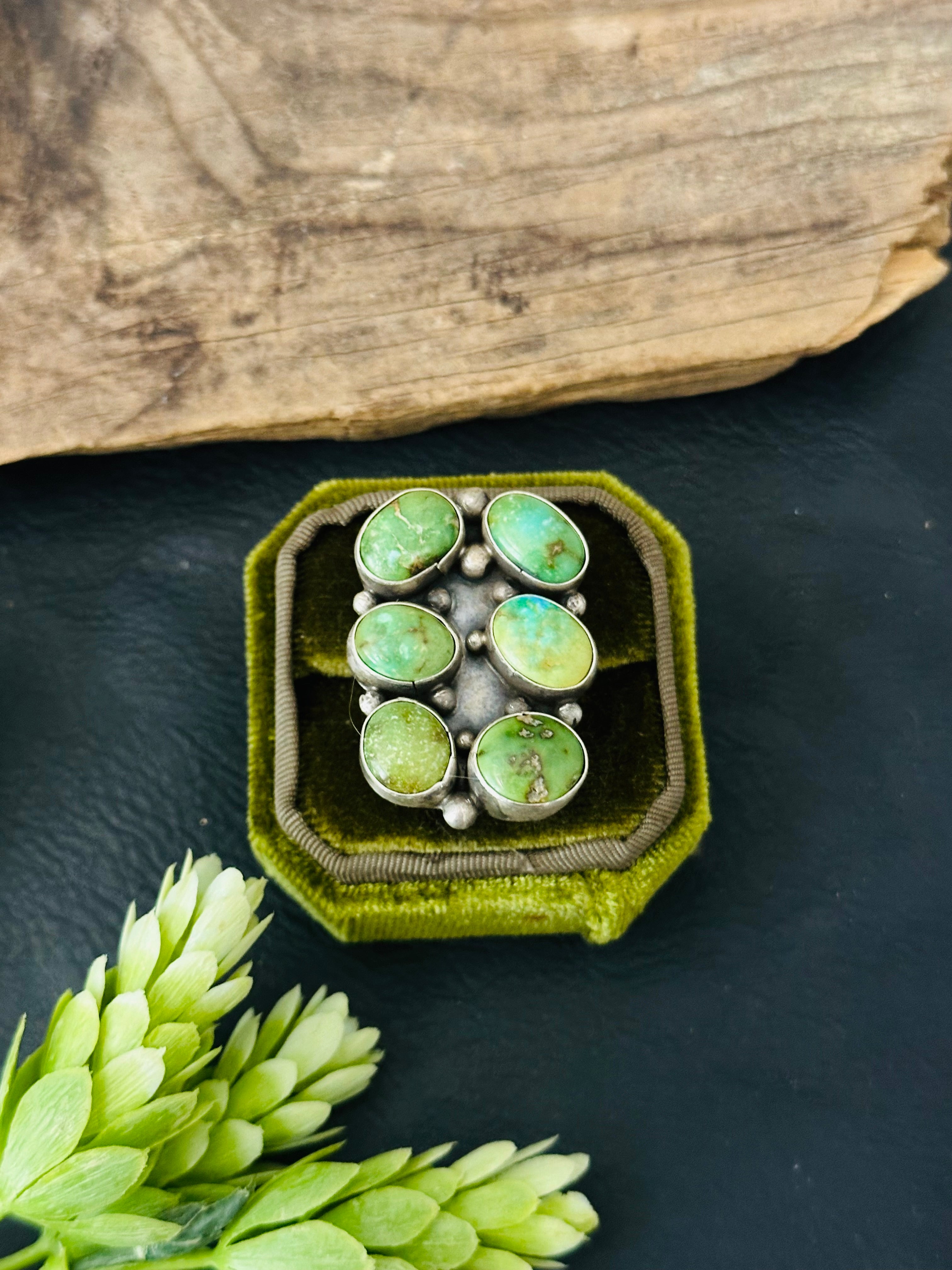 Navajo Made Sonoran Gold Turquoise & Sterling Silver Ring Size 7.5