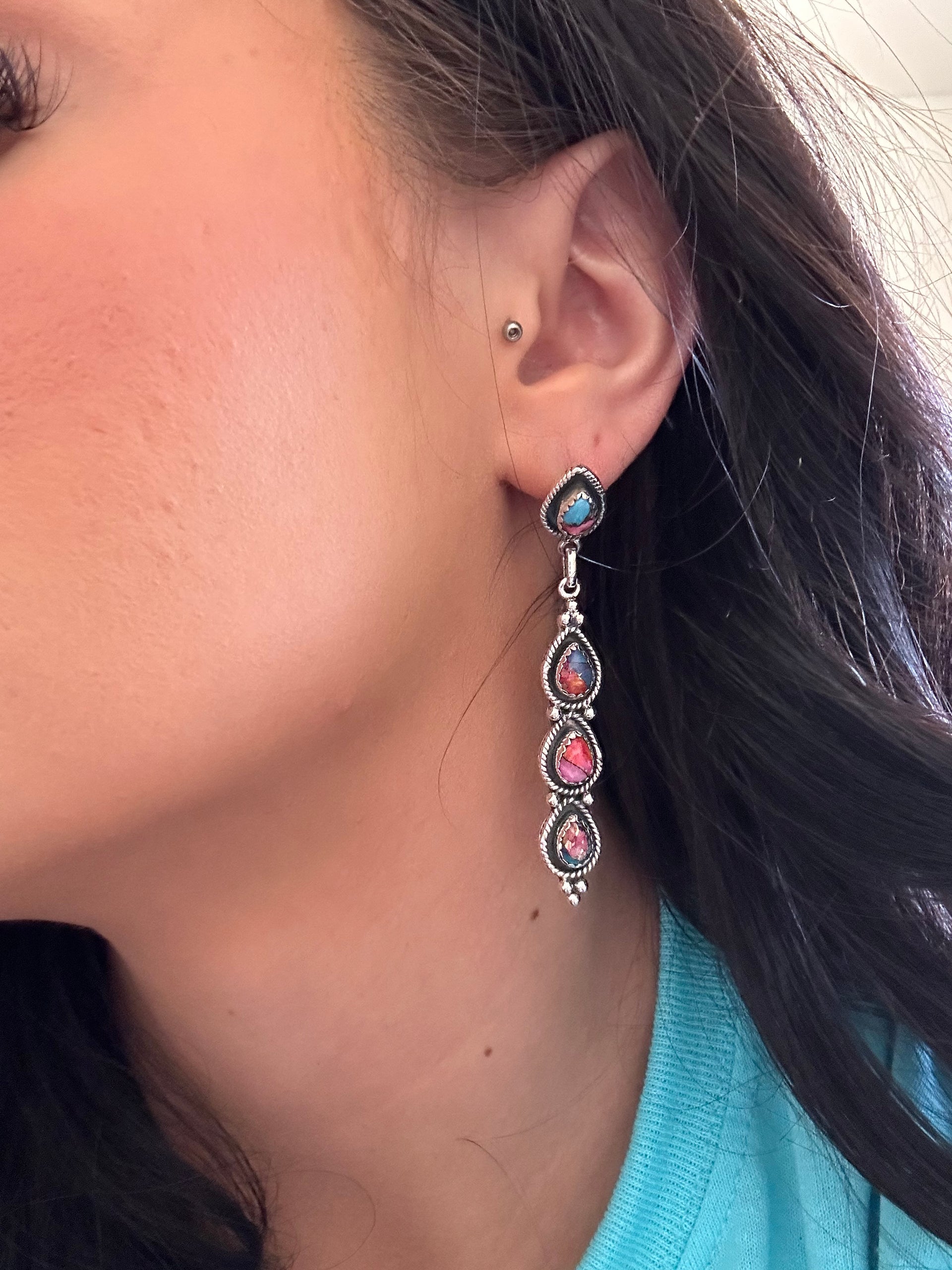 Southwest Handmade Mohave Turquoise & Sterling Silver Post Dangle Earrings