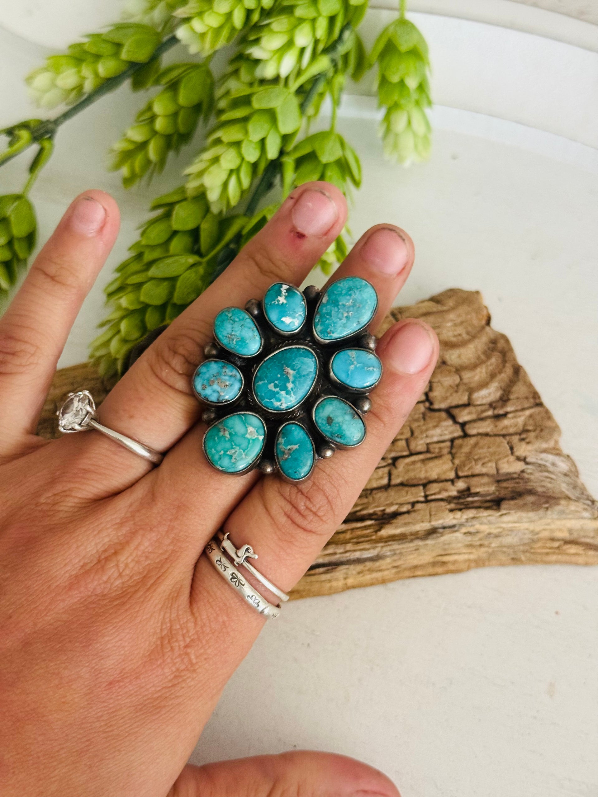 Navajo Made White Water Turquoise & Sterling Silver Cluster Ring Size 9.5