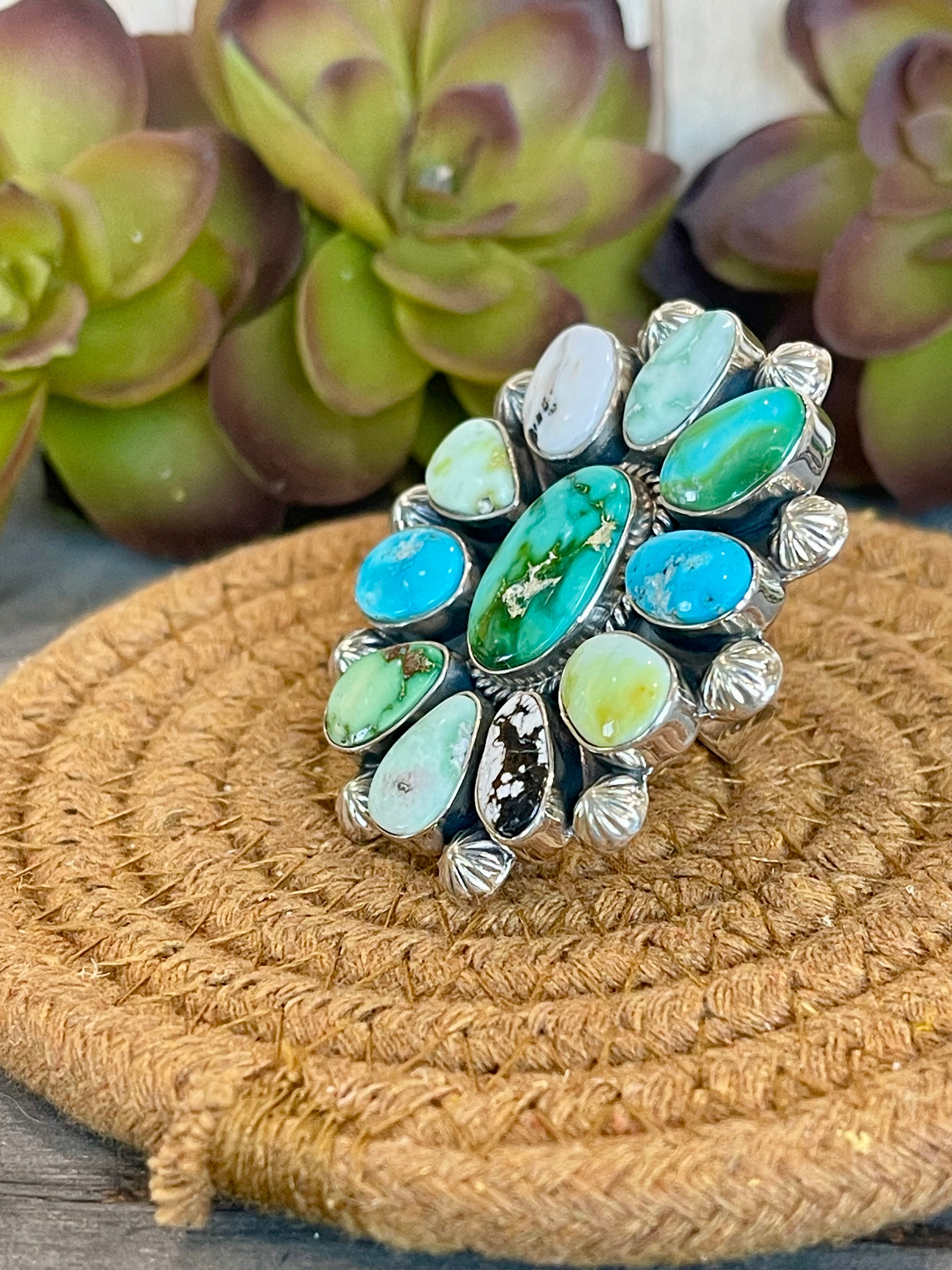 Southwest Handmade Multi Stone & Sterling Silver Adjustable Ring