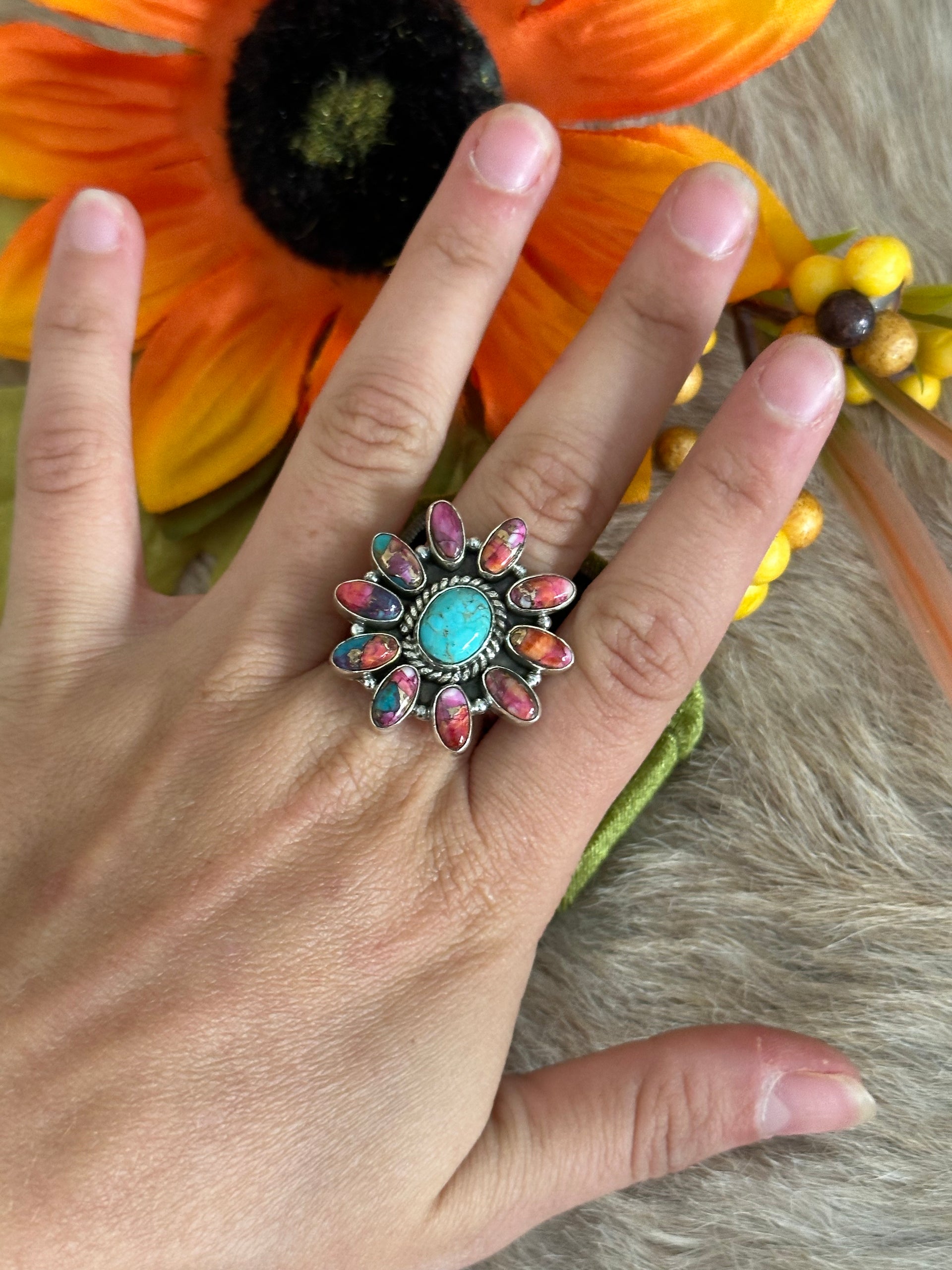 Southwest Handmade Multi Stone & Sterling Silver Adjustable Ring
